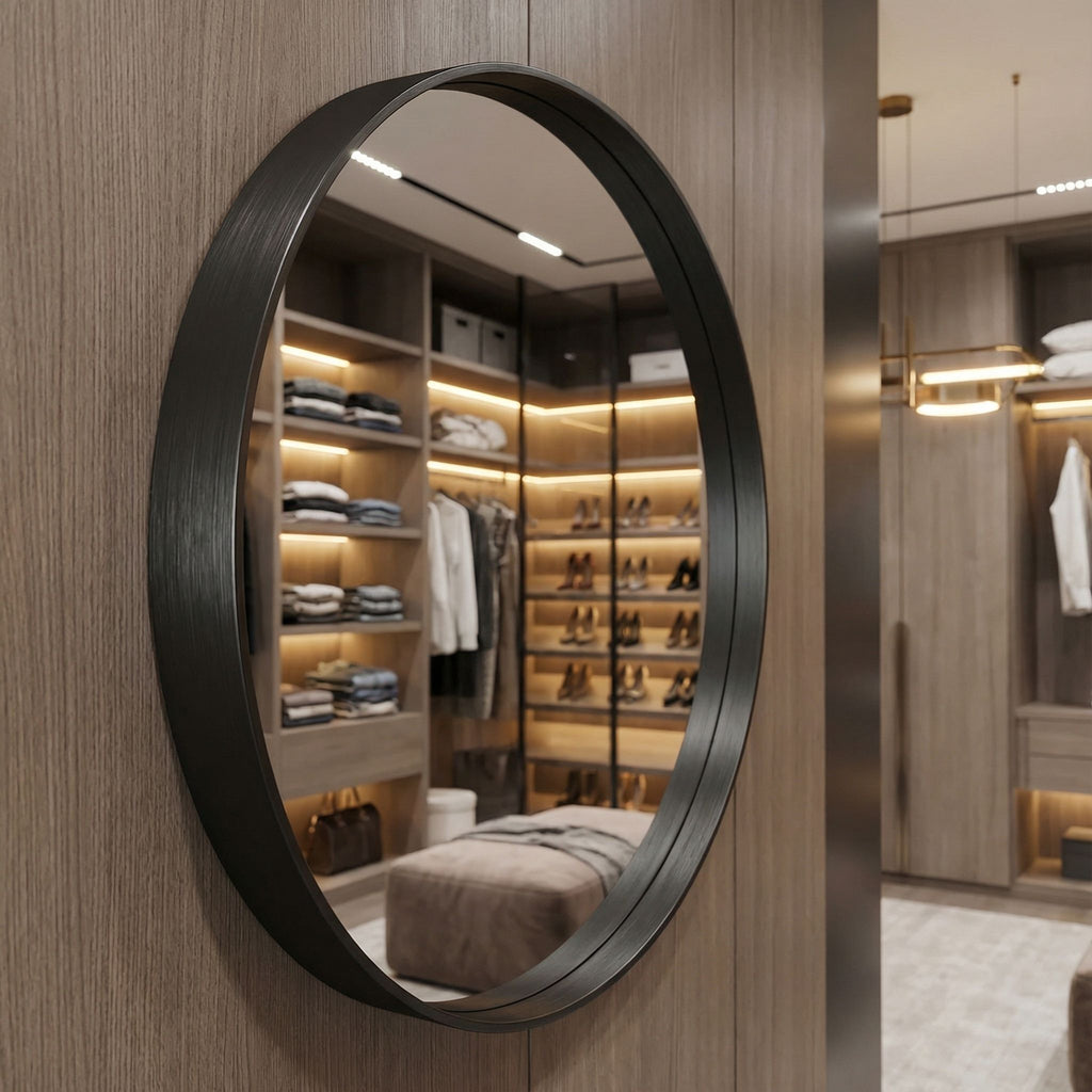 Opra Mirror, Round 24" with Brushed Black Metal Frame