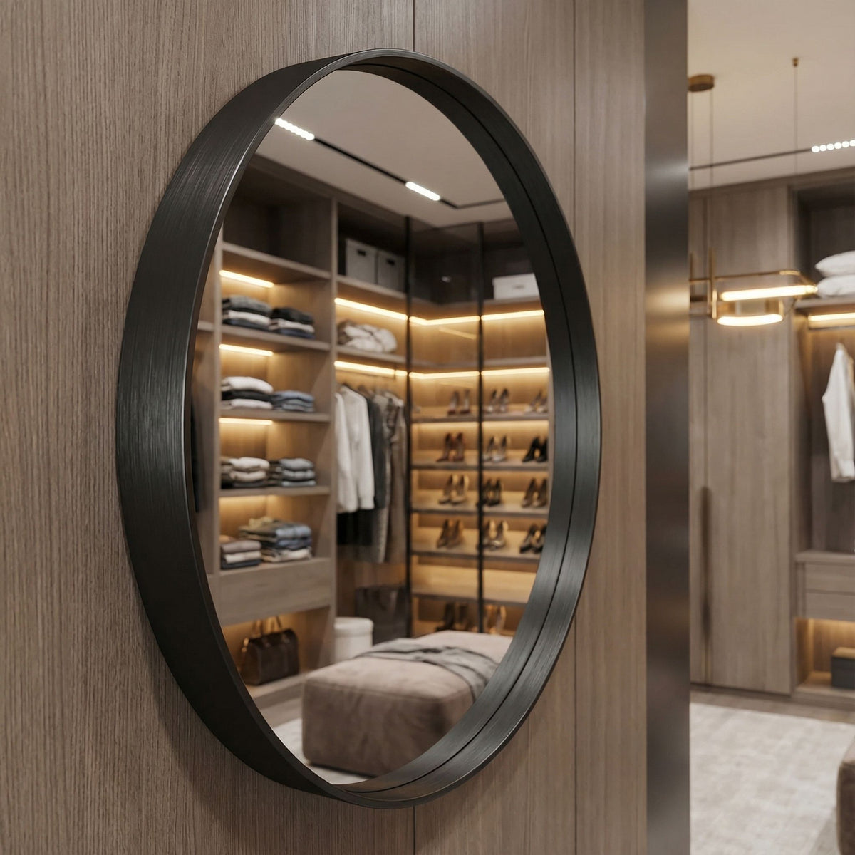Opra Mirror, Round 24" with Brushed Black Metal Frame