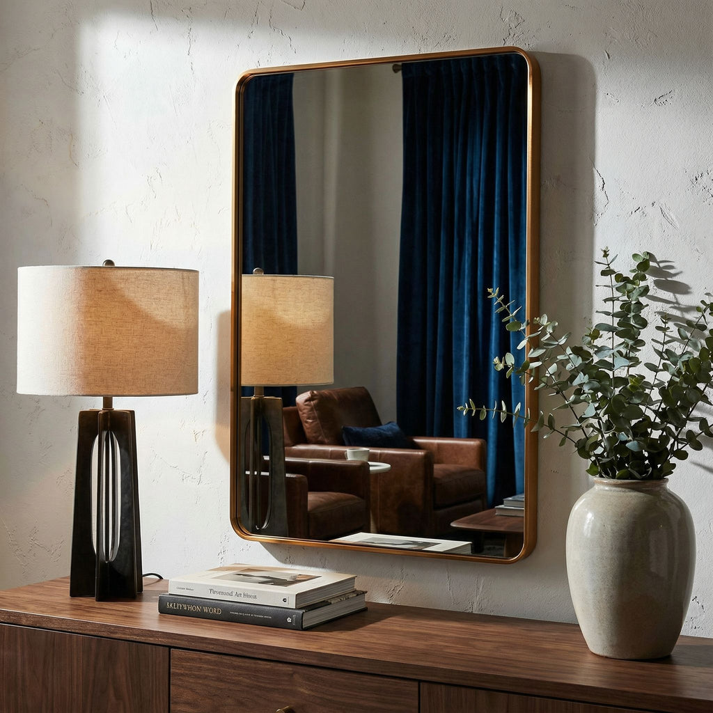 Ellen Rectangular Mirror with Rounded Corners, Gold, 22x30