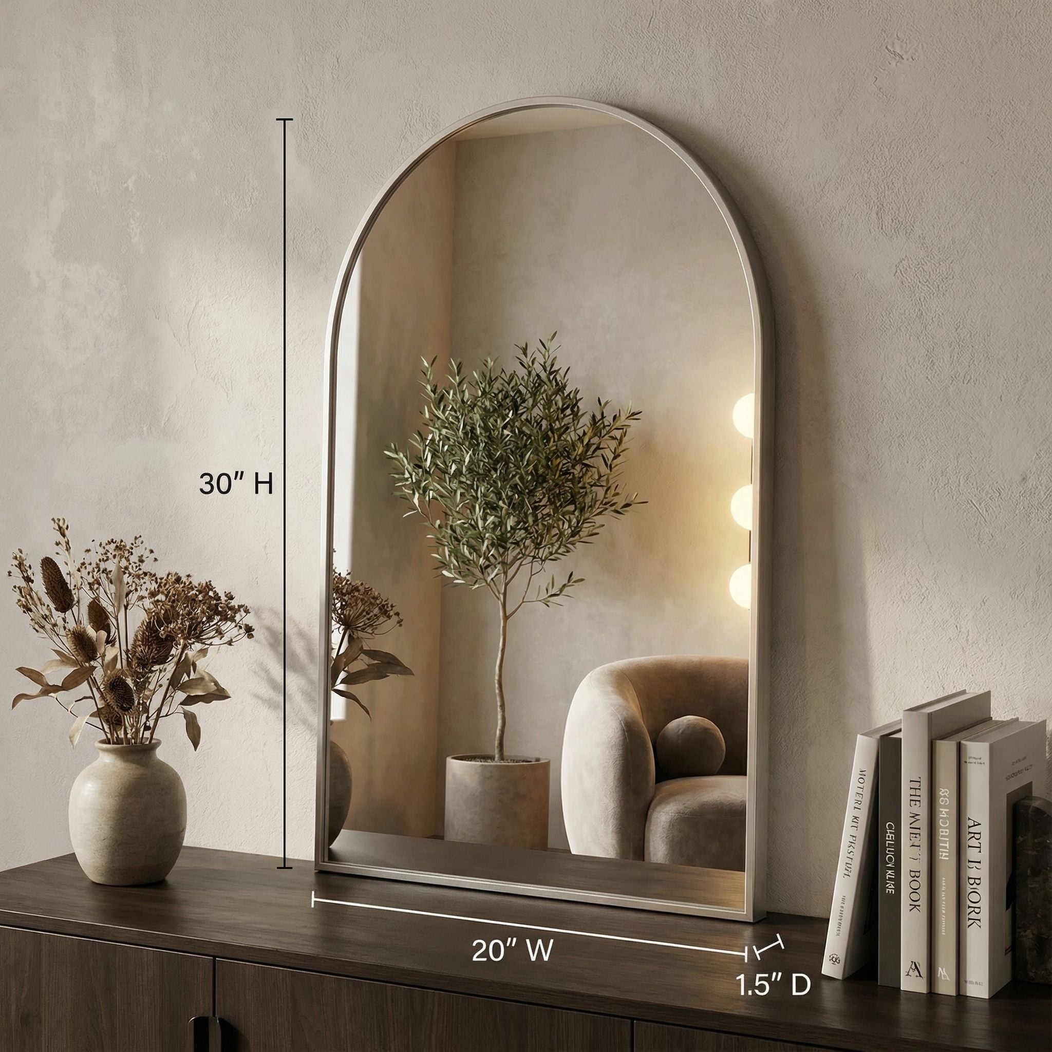 Lucy Arched Mirror with Brushed Silver Aluminum Frame, 20x30