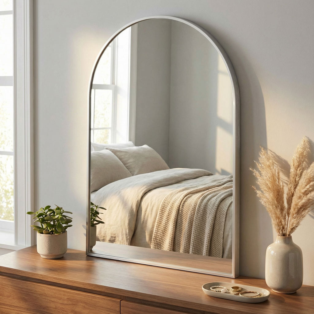 Lucy Arched Mirror with Brushed Silver Aluminum Frame, 20x30