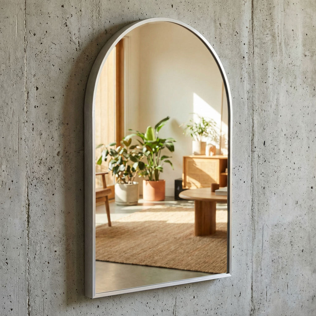 Lucy Arched Mirror with Brushed Silver Aluminum Frame, 20x30