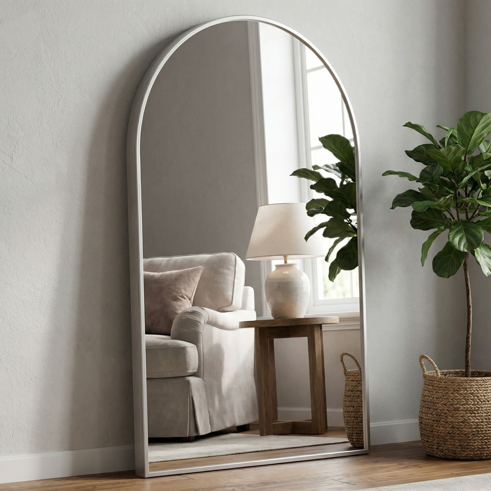 Lucy Arched Mirror with Brushed Silver Aluminum Frame, 20x30