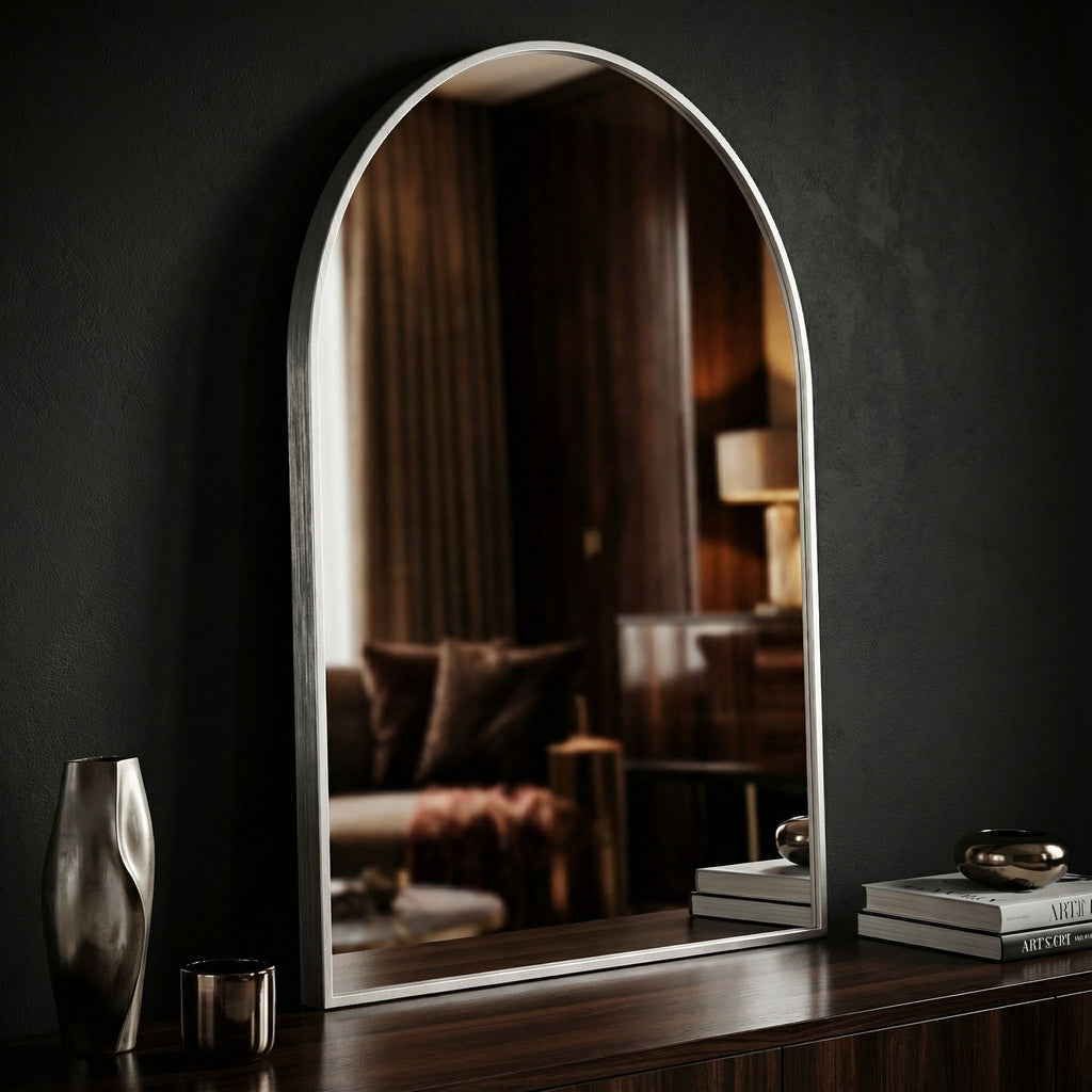 Lucy Arched Mirror with Brushed Silver Aluminum Frame, 20x30