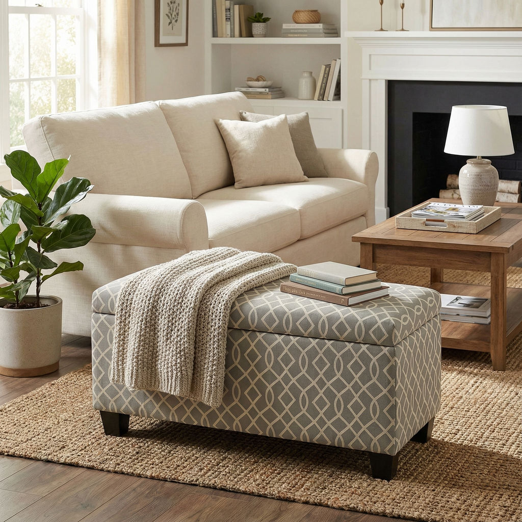 Kiki Upholstered Storage Ottoman, Grey Pattern