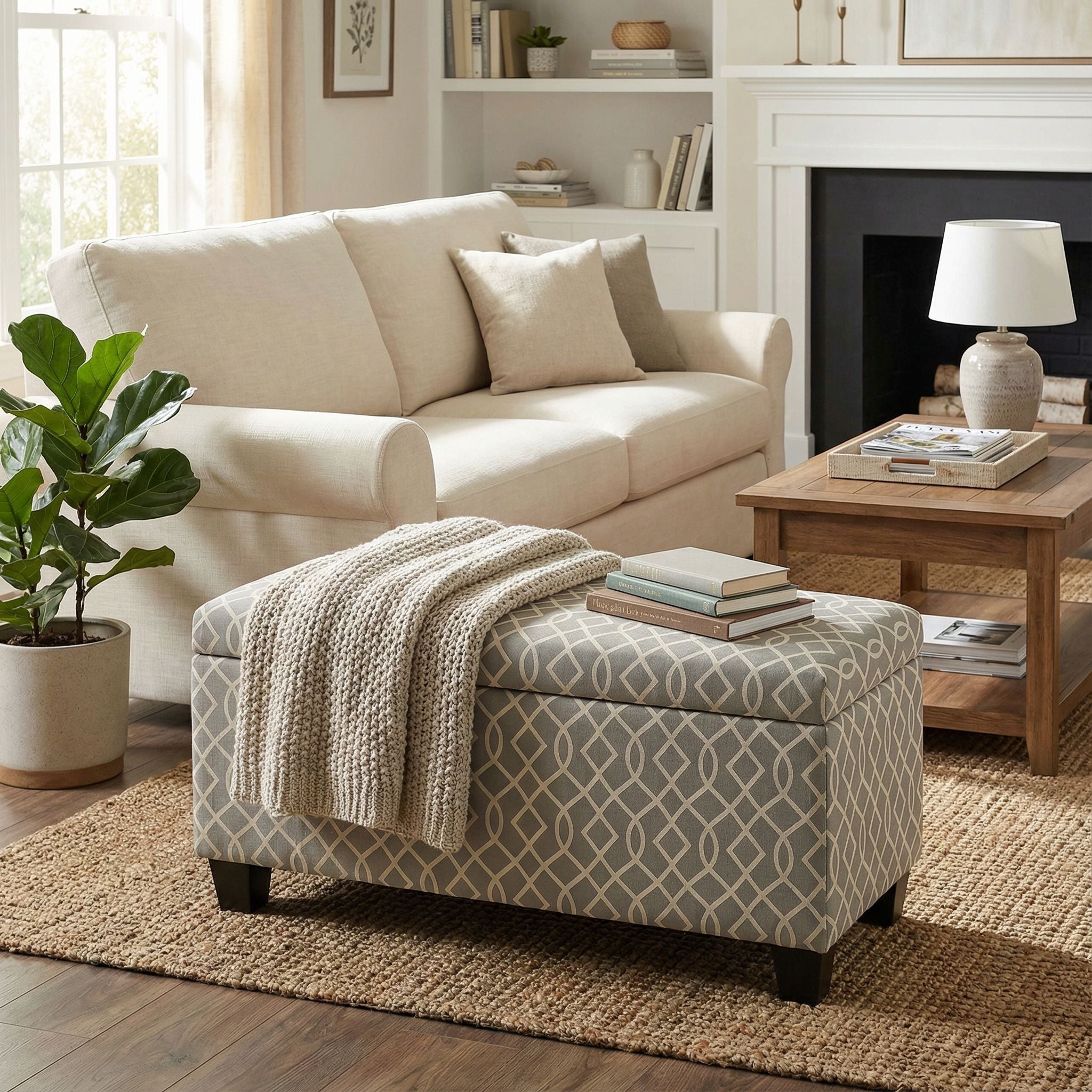 Kiki Upholstered Storage Ottoman, Grey Pattern