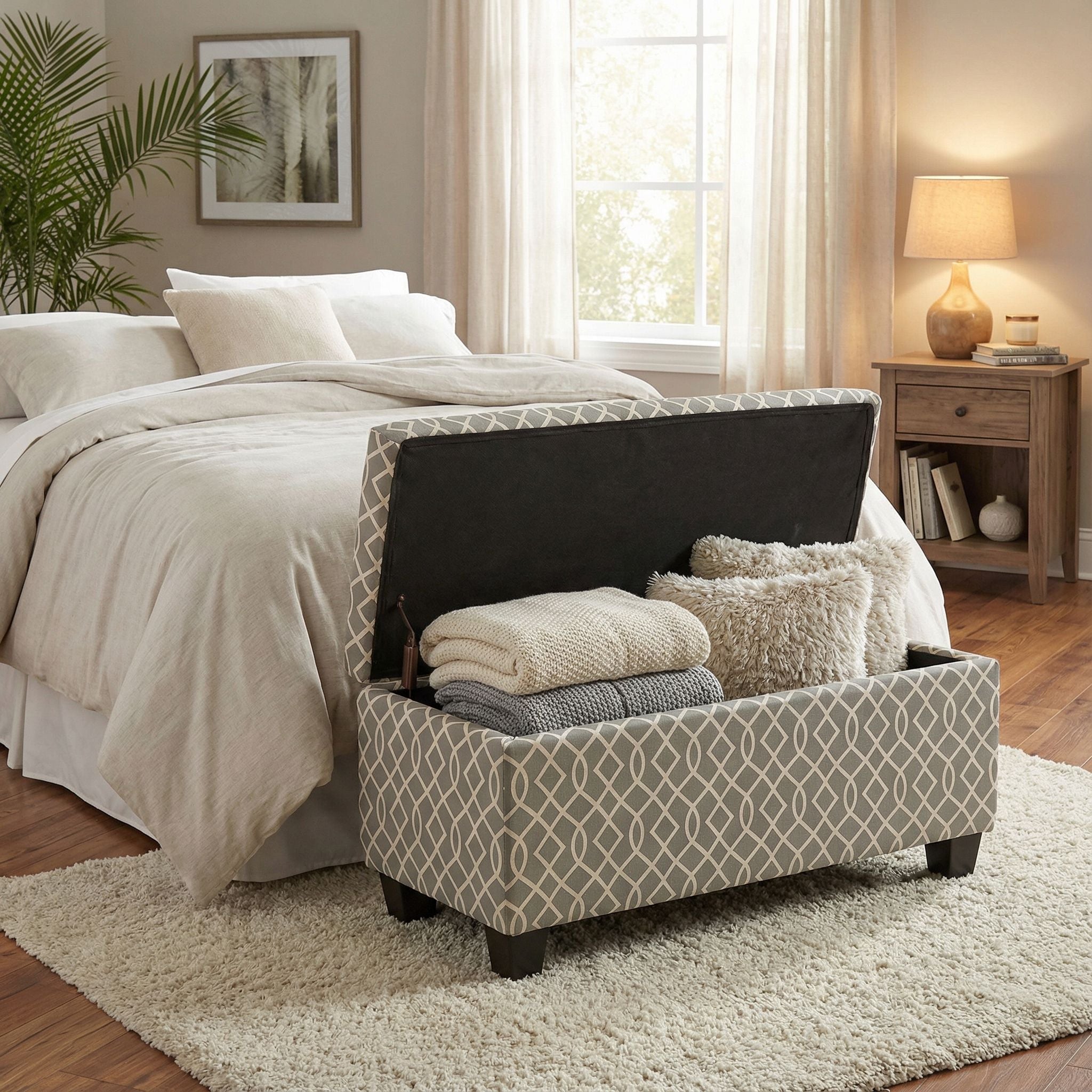 Kiki Upholstered Storage Ottoman, Grey Pattern