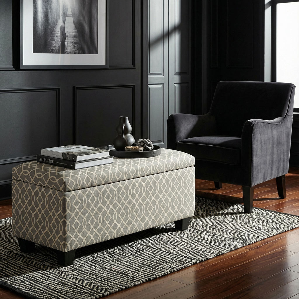 Kiki Upholstered Storage Ottoman, Grey Pattern