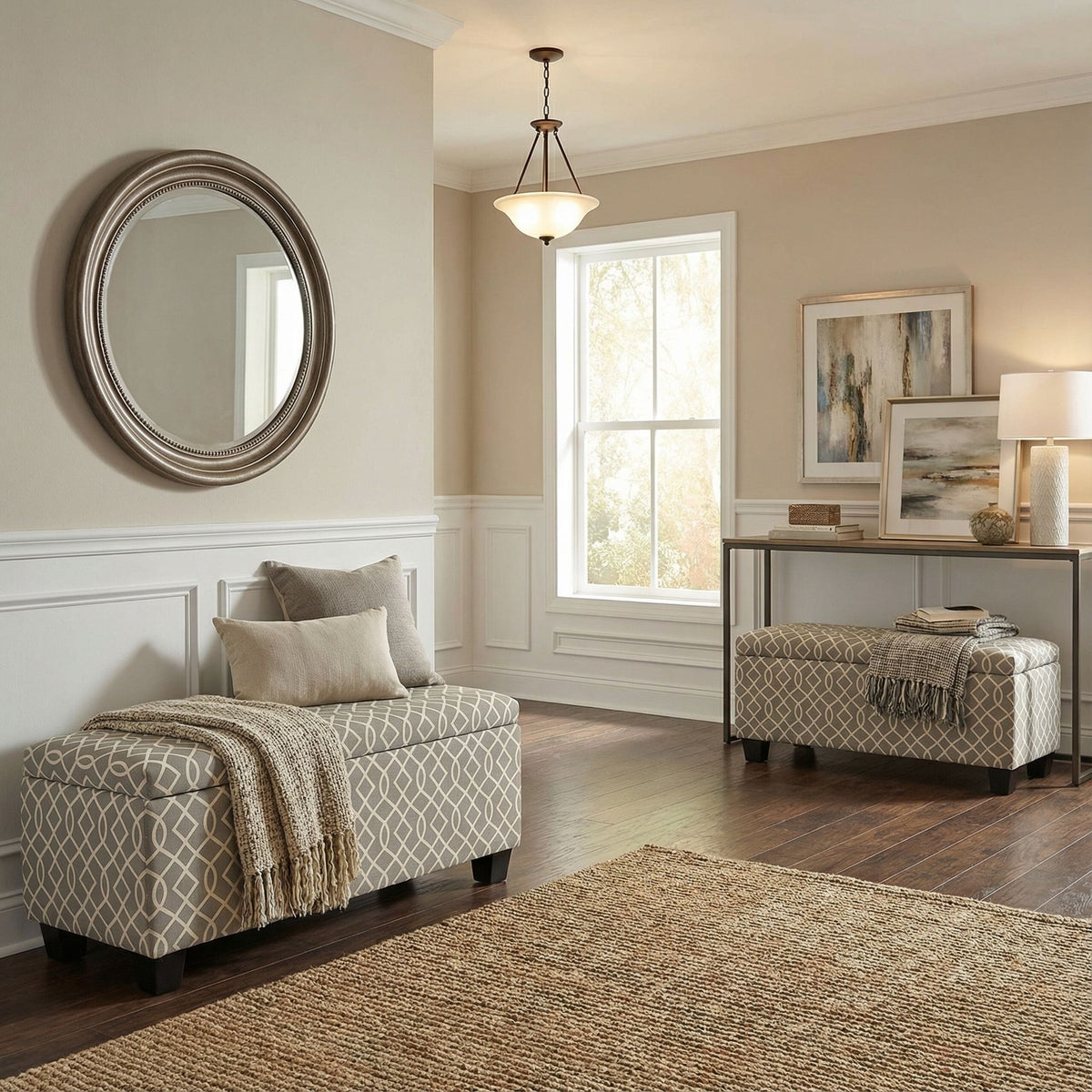 Kiki Upholstered Storage Ottoman, Grey Pattern