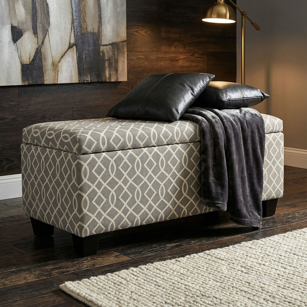 Kiki Upholstered Storage Ottoman, Grey Pattern