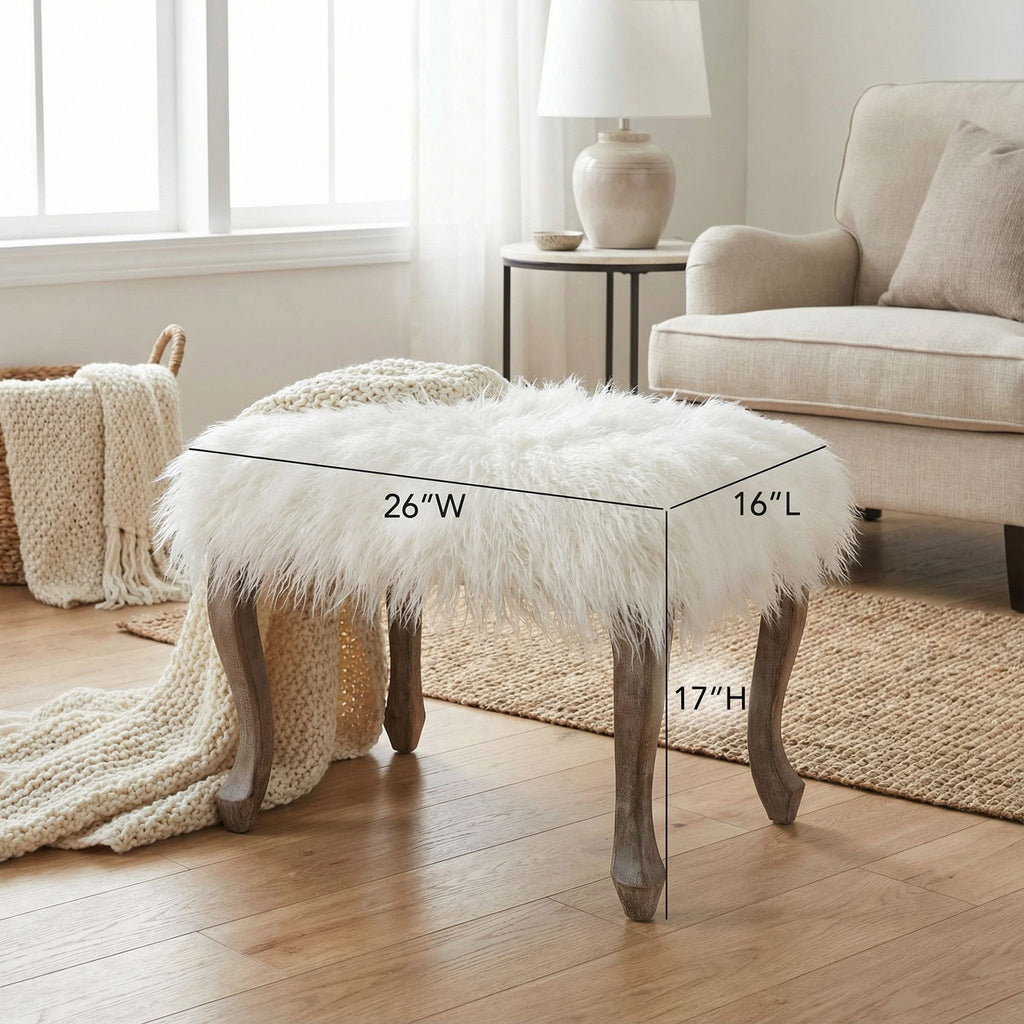Harlow Bench Ottoman, White Faux Fur with Driftwood Legs