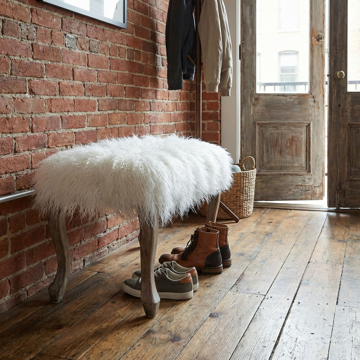 Harlow Bench Ottoman, White Faux Fur with Driftwood Legs