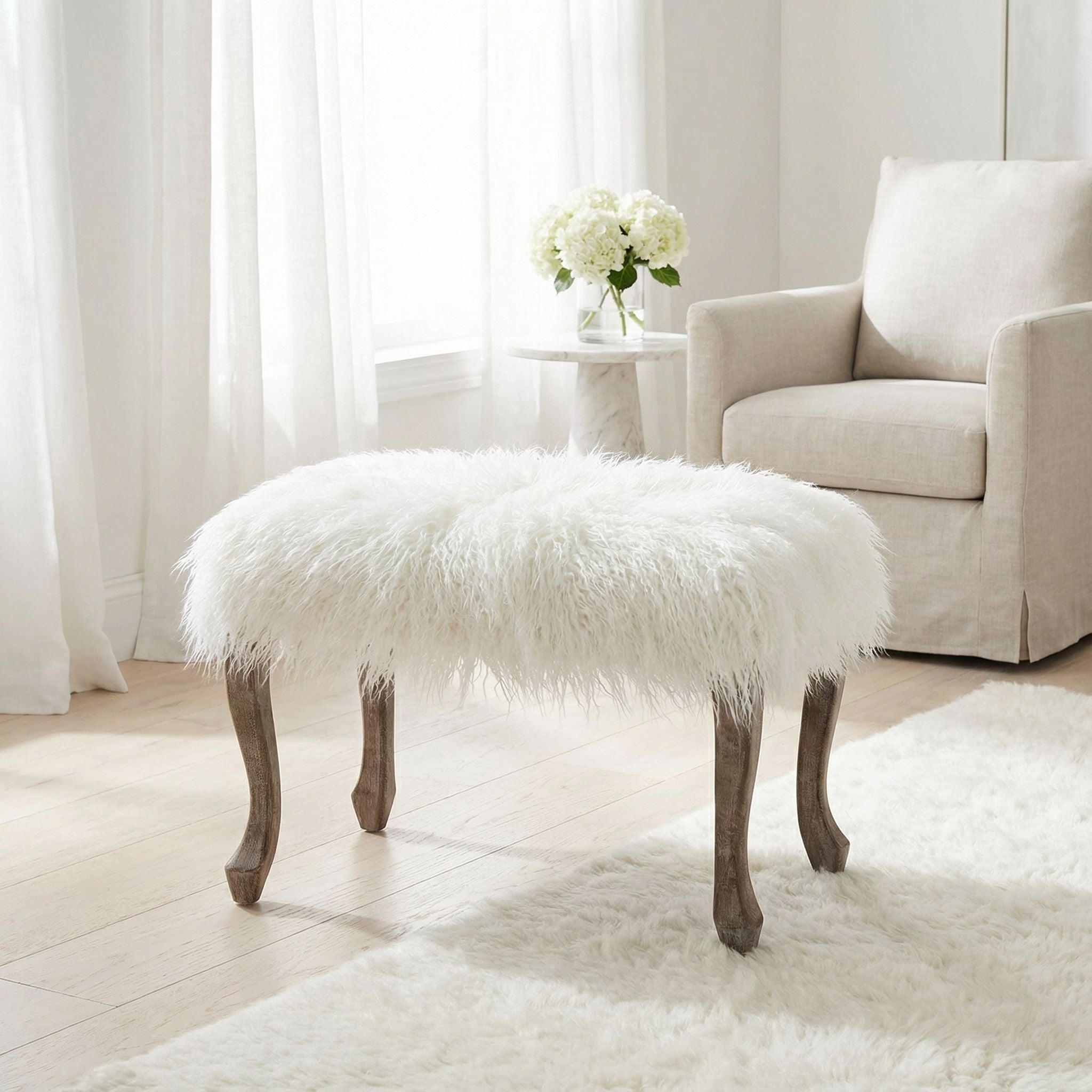 Harlow Bench Ottoman, White Faux Fur with Driftwood Legs