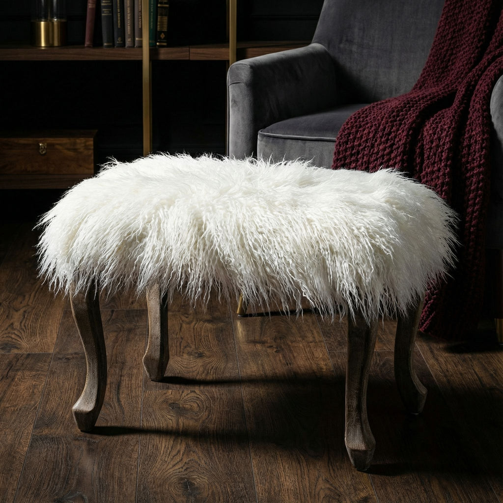 Harlow Bench Ottoman, White Faux Fur with Driftwood Legs