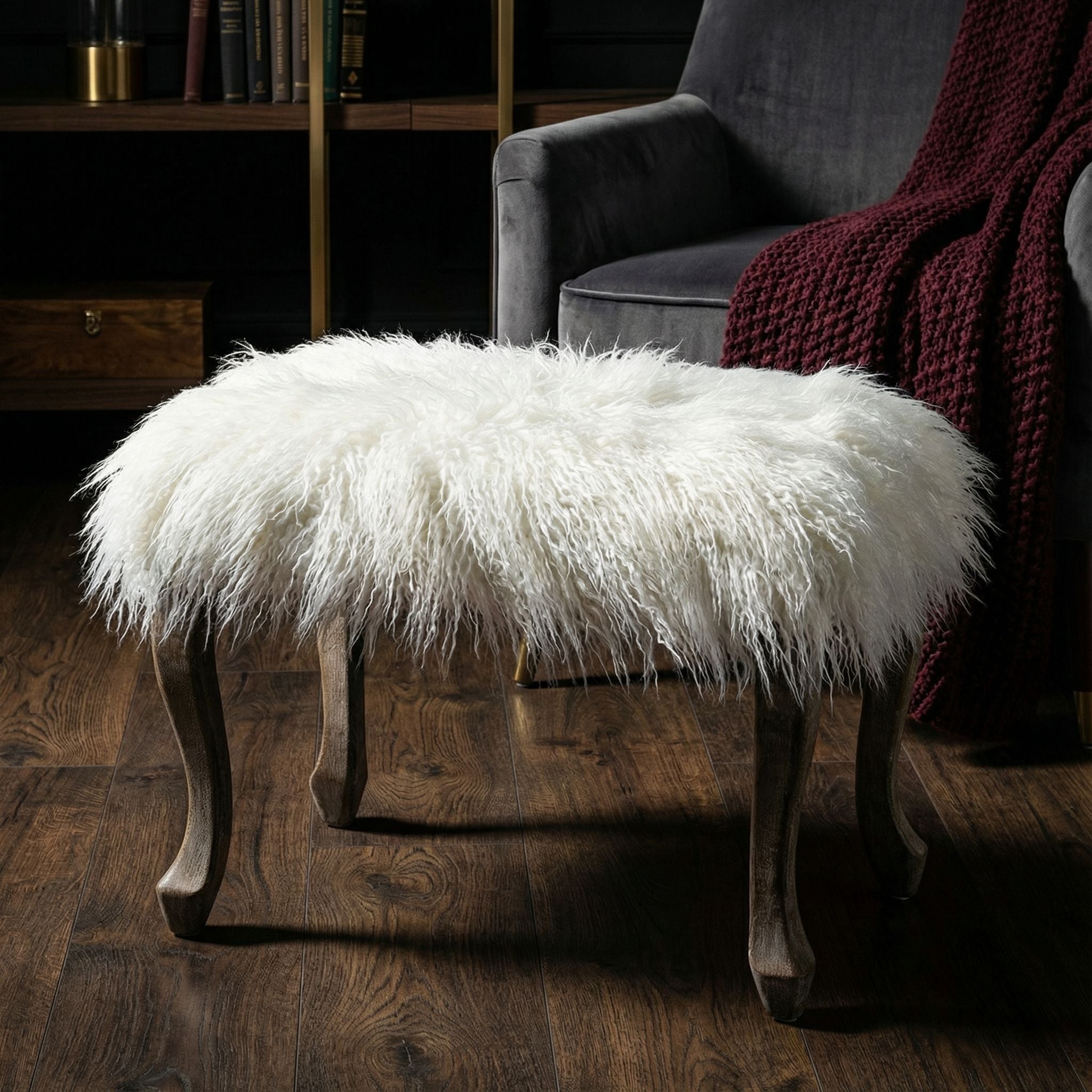 Harlow Bench Ottoman, White Faux Fur with Driftwood Legs