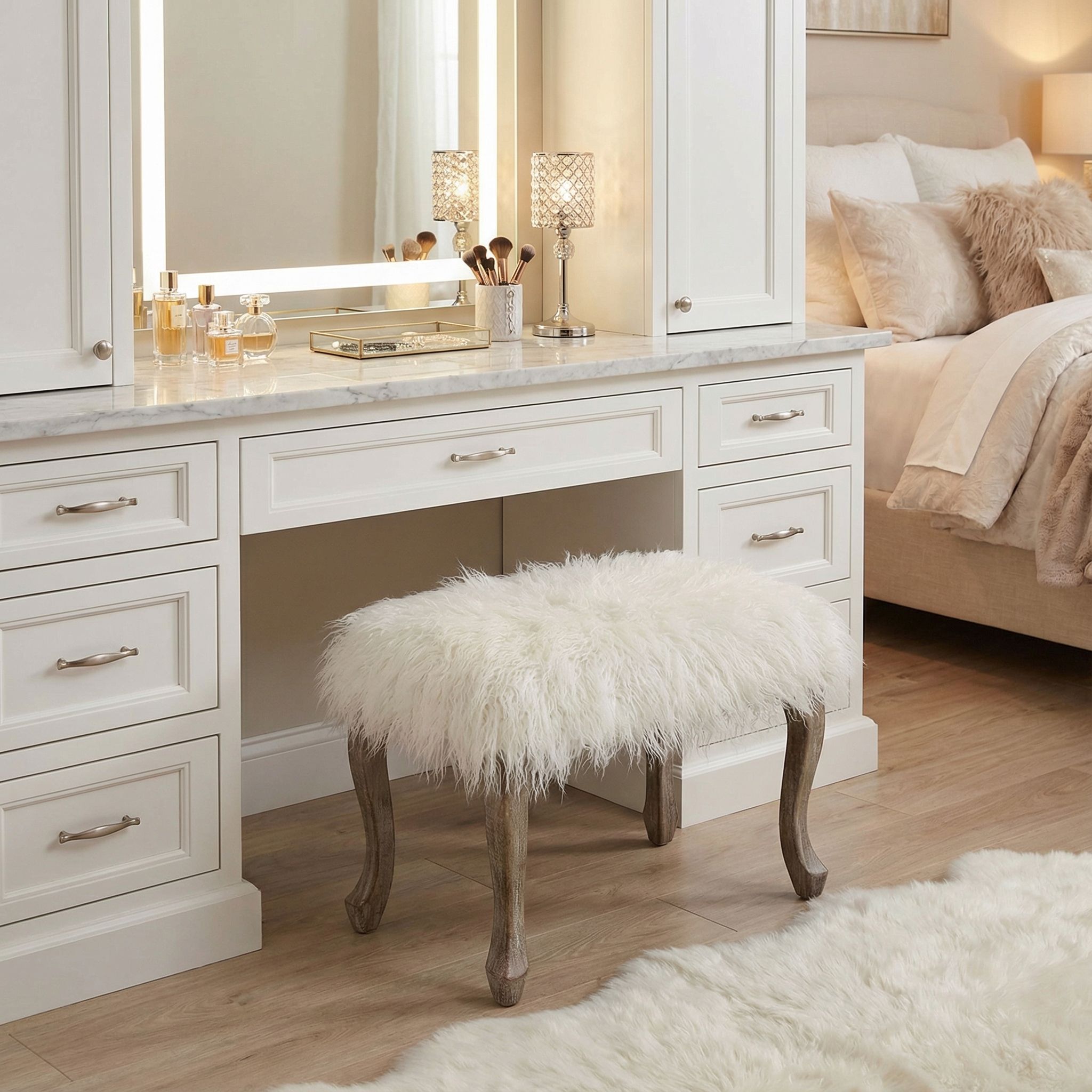 Harlow Bench Ottoman, White Faux Fur with Driftwood Legs