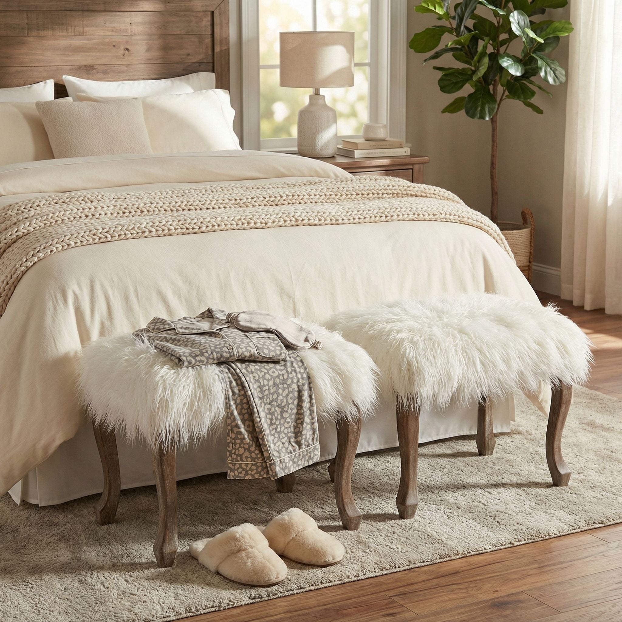 Harlow Bench Ottoman, White Faux Fur with Driftwood Legs