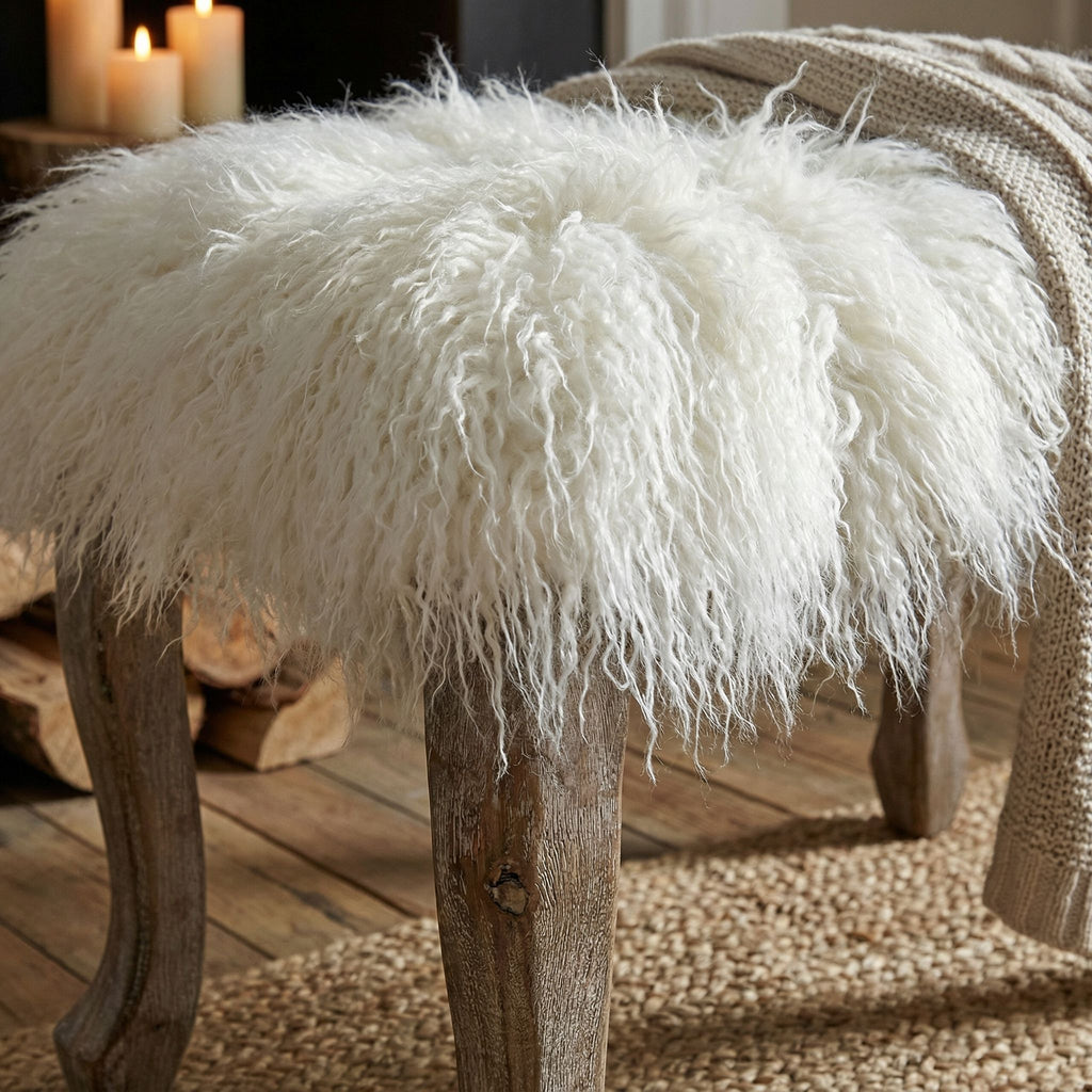 Harlow Bench Ottoman, White Faux Fur with Driftwood Legs