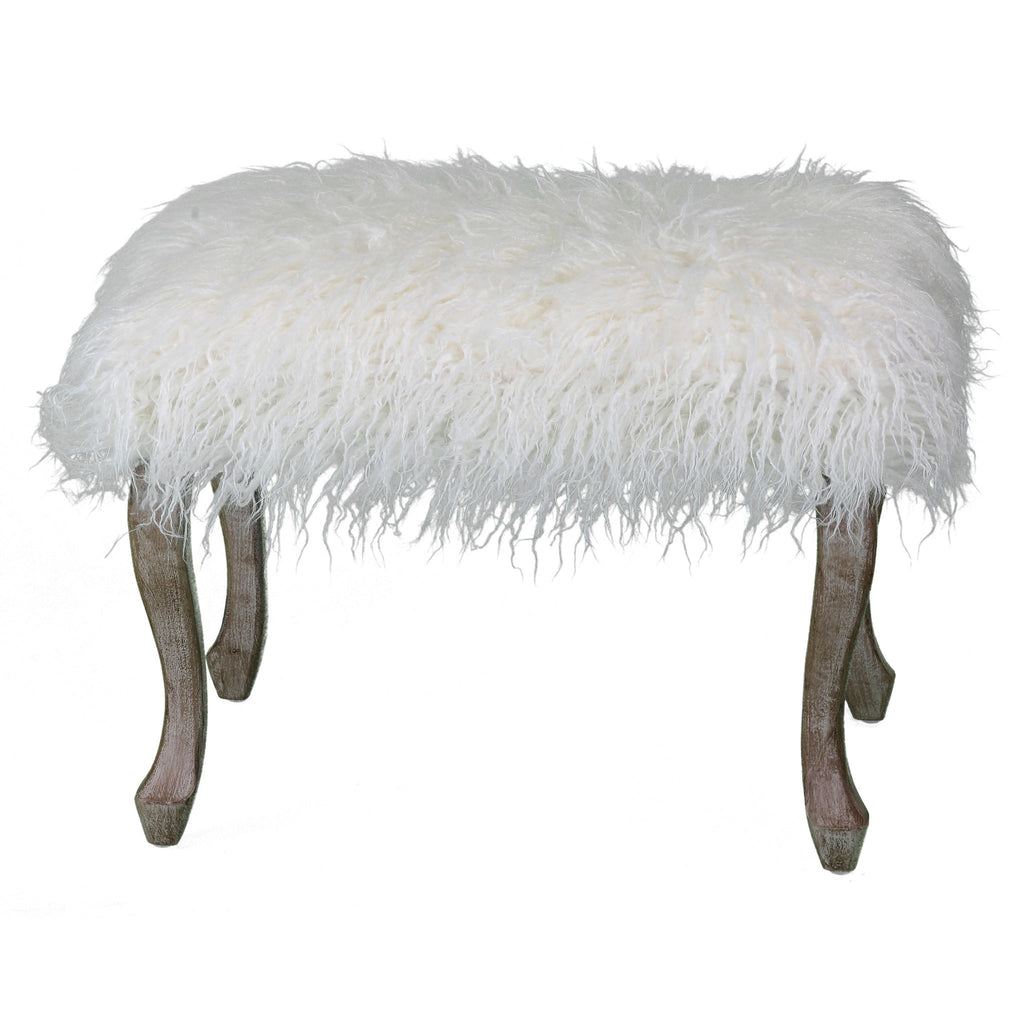 Harlow Bench Ottoman, White Faux Fur with Driftwood Legs