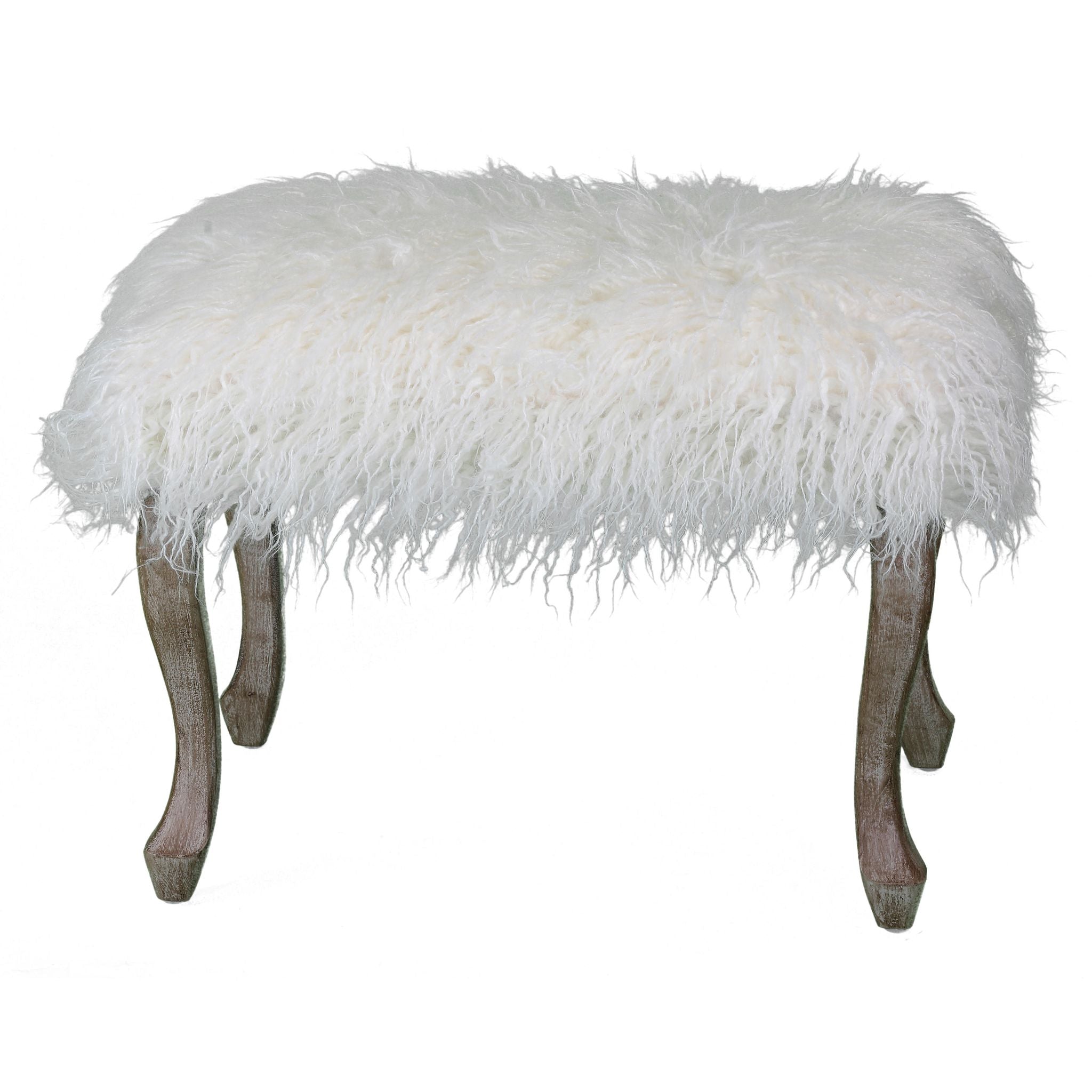 Harlow Bench Ottoman, White Faux Fur with Driftwood Legs