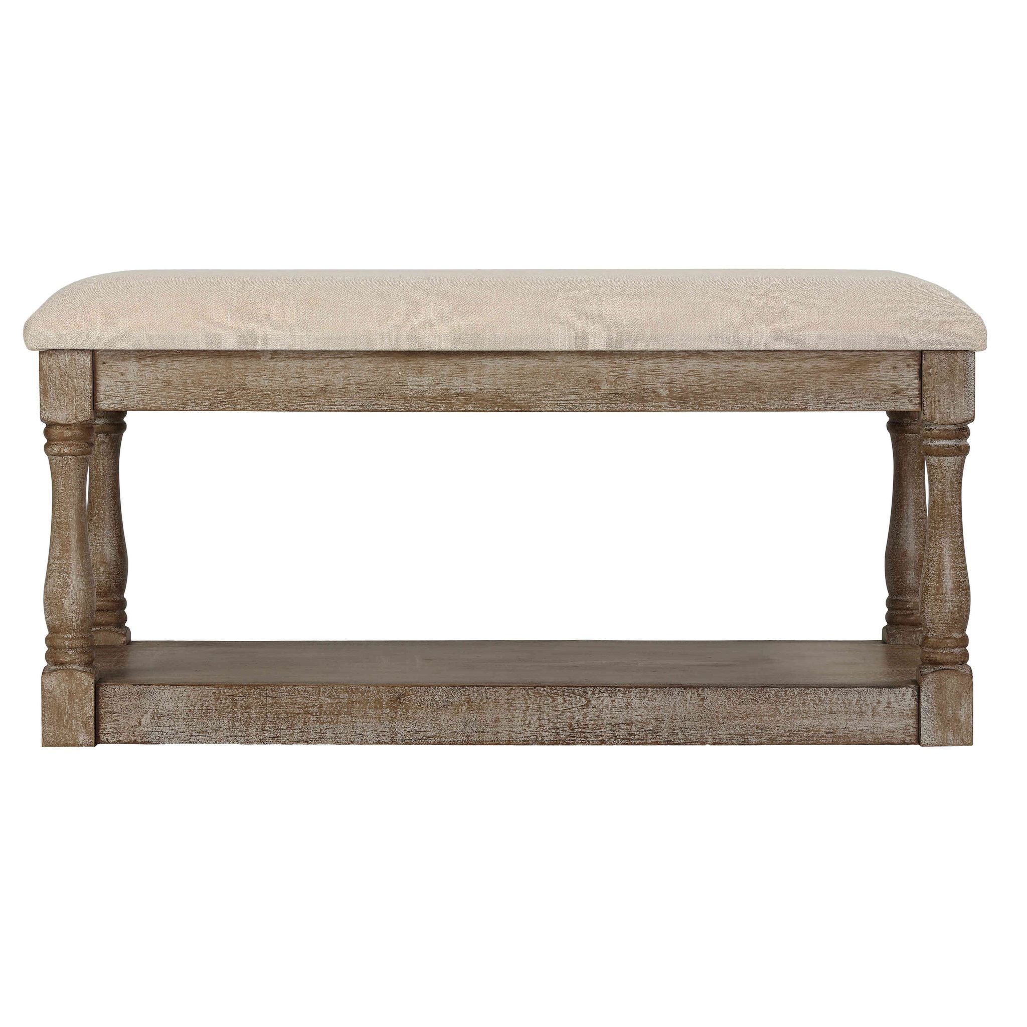 Dahlia Wooden Bench Ottoman, Distressed Wood and Beige Fabric