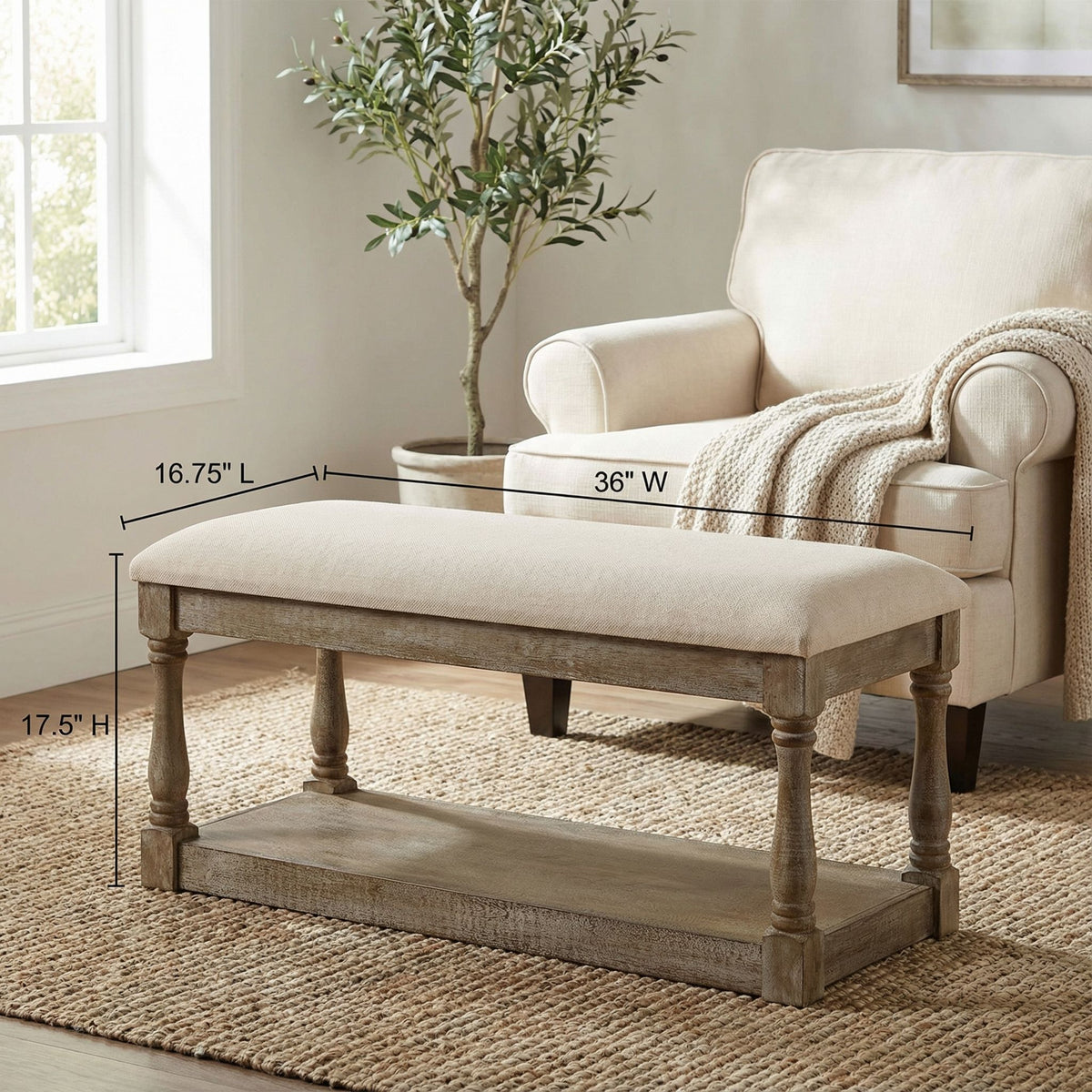 Dahlia Wooden Bench Ottoman, Distressed Wood and Beige Fabric