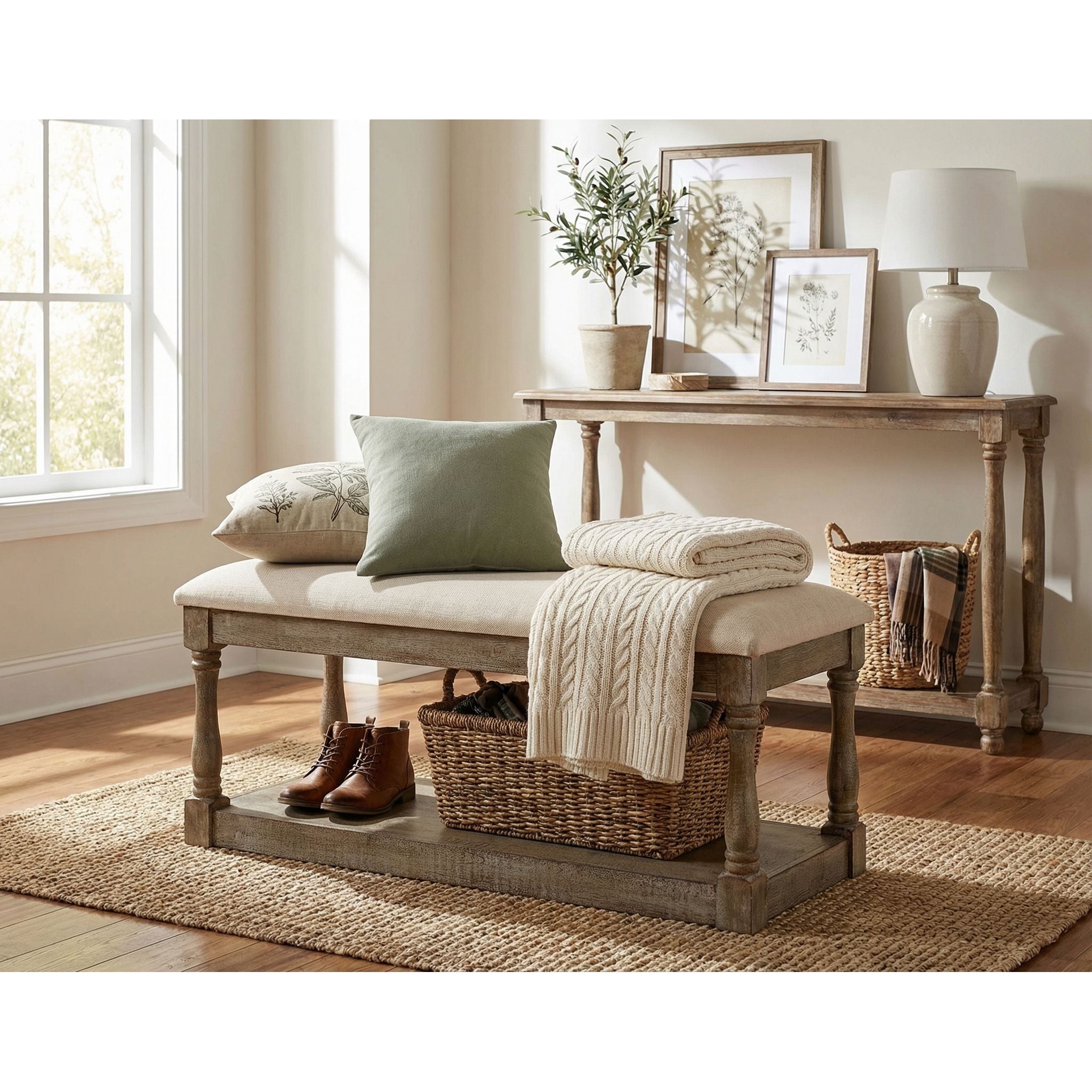 Dahlia Wooden Bench Ottoman, Distressed Wood and Beige Fabric