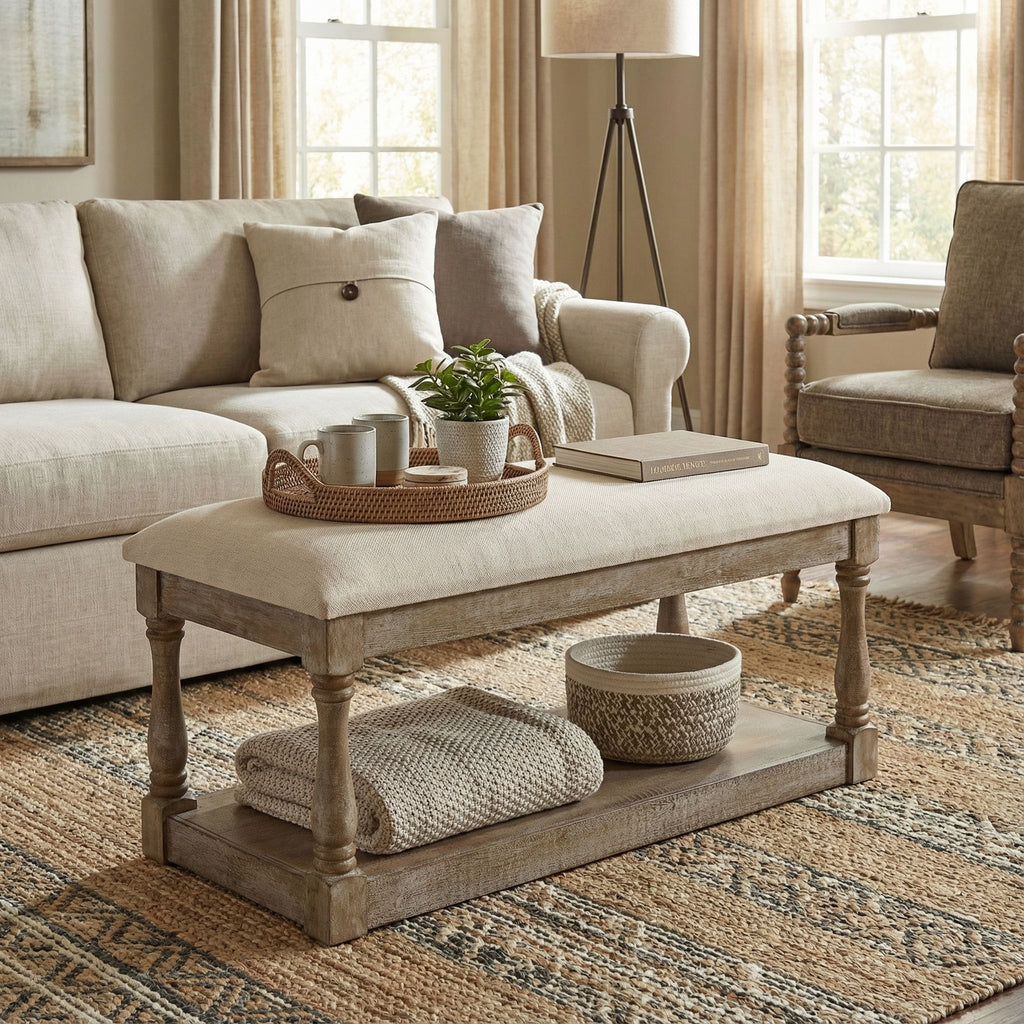 Dahlia Wooden Bench Ottoman, Distressed Wood and Beige Fabric