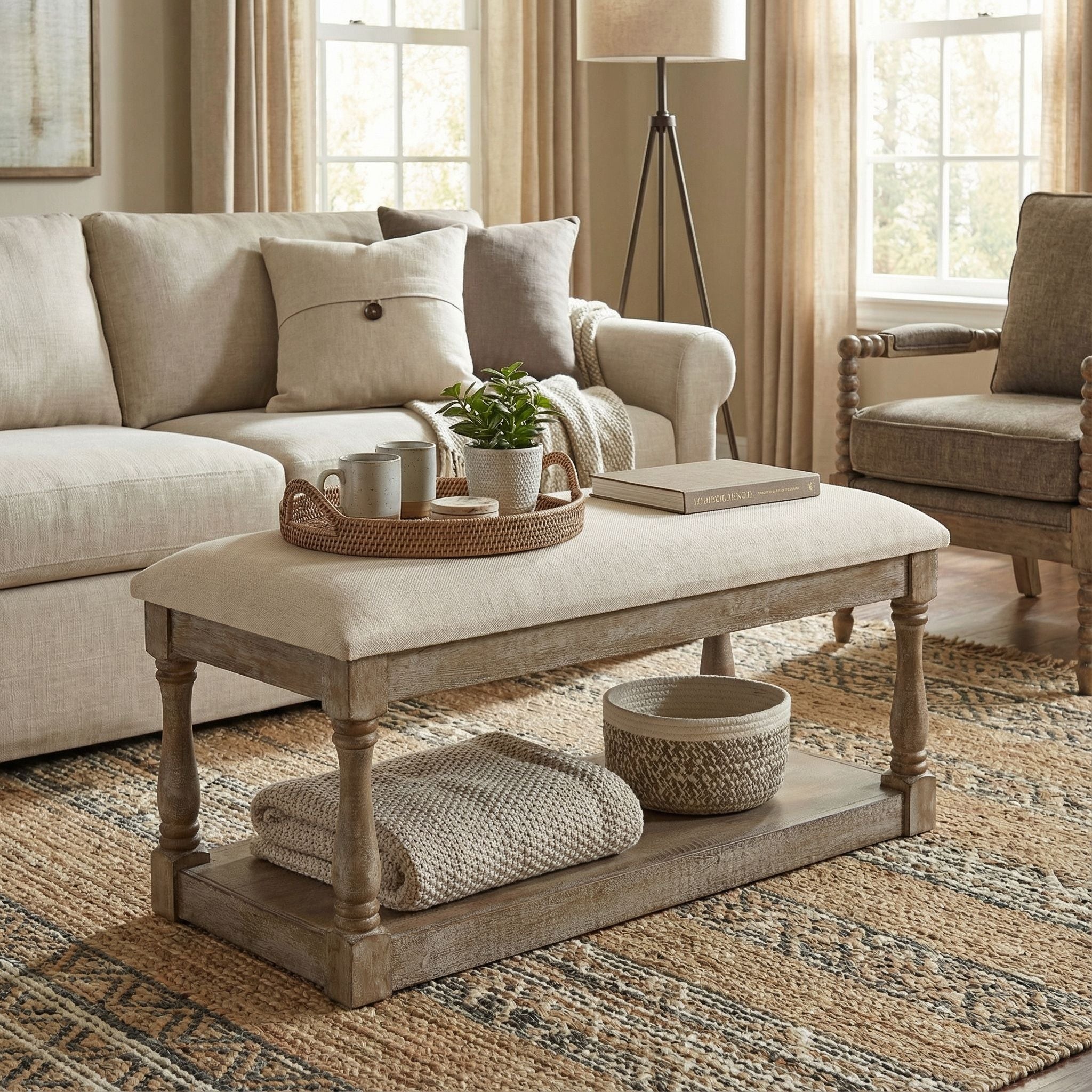 Dahlia Wooden Bench Ottoman, Distressed Wood and Beige Fabric
