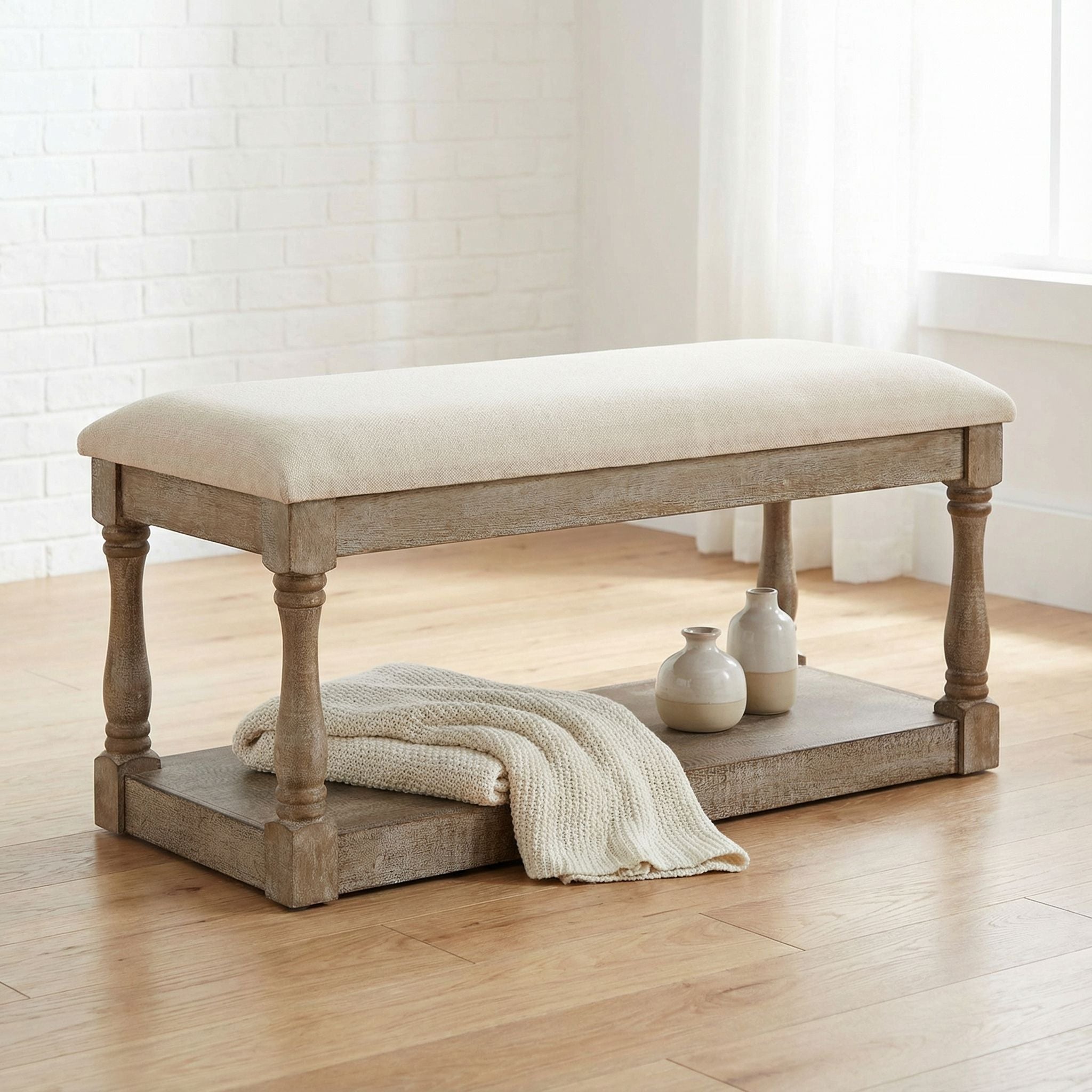 Dahlia Wooden Bench Ottoman, Distressed Wood and Beige Fabric