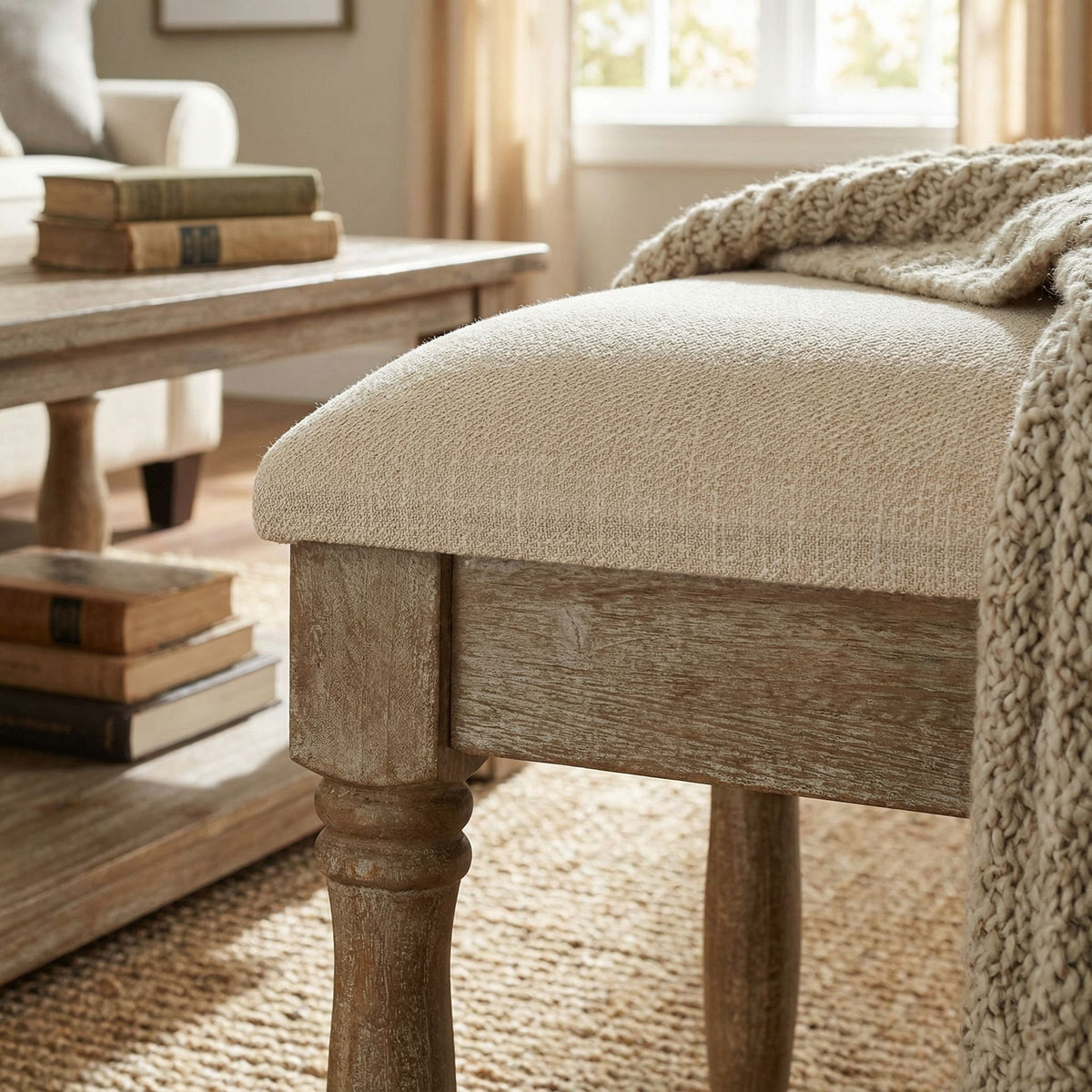 Dahlia Wooden Bench Ottoman, Distressed Wood and Beige Fabric