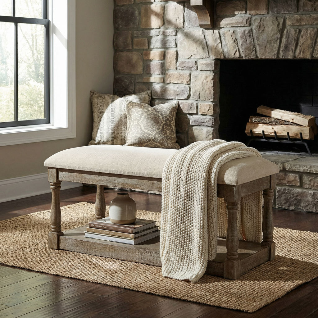 Dahlia Wooden Bench Ottoman, Distressed Wood and Beige Fabric