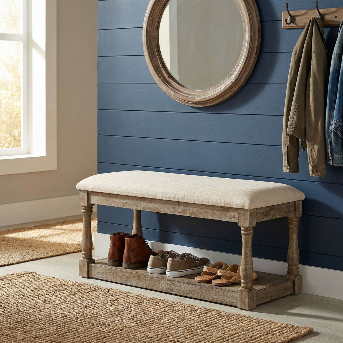 Dahlia Wooden Bench Ottoman, Distressed Wood and Beige Fabric