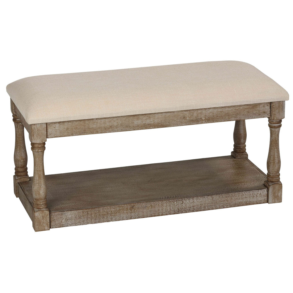 Dahlia Wooden Bench Ottoman, Distressed Wood and Beige Fabric