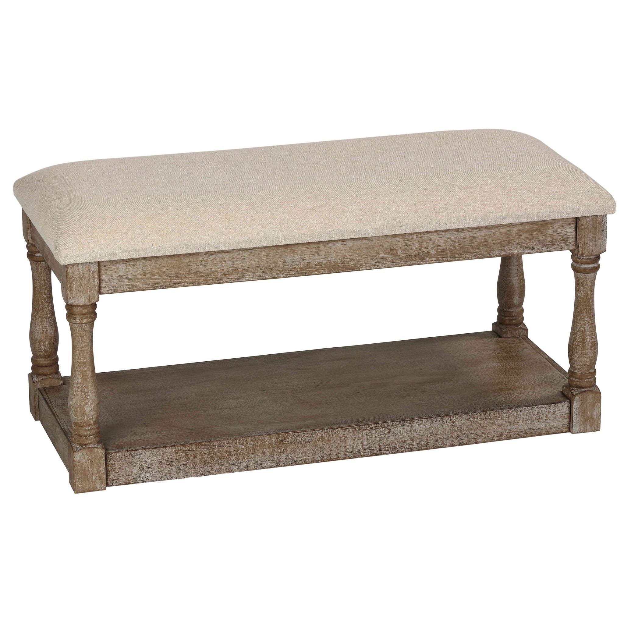 Dahlia Wooden Bench Ottoman, Distressed Wood and Beige Fabric