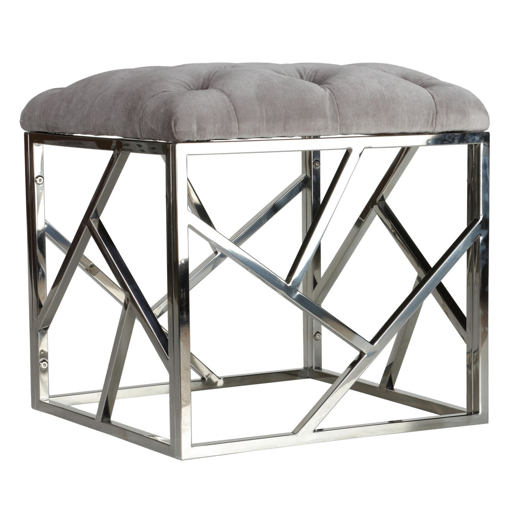 Kora Contemporary Metal Cube Ottoman, Tufted Grey Velvet