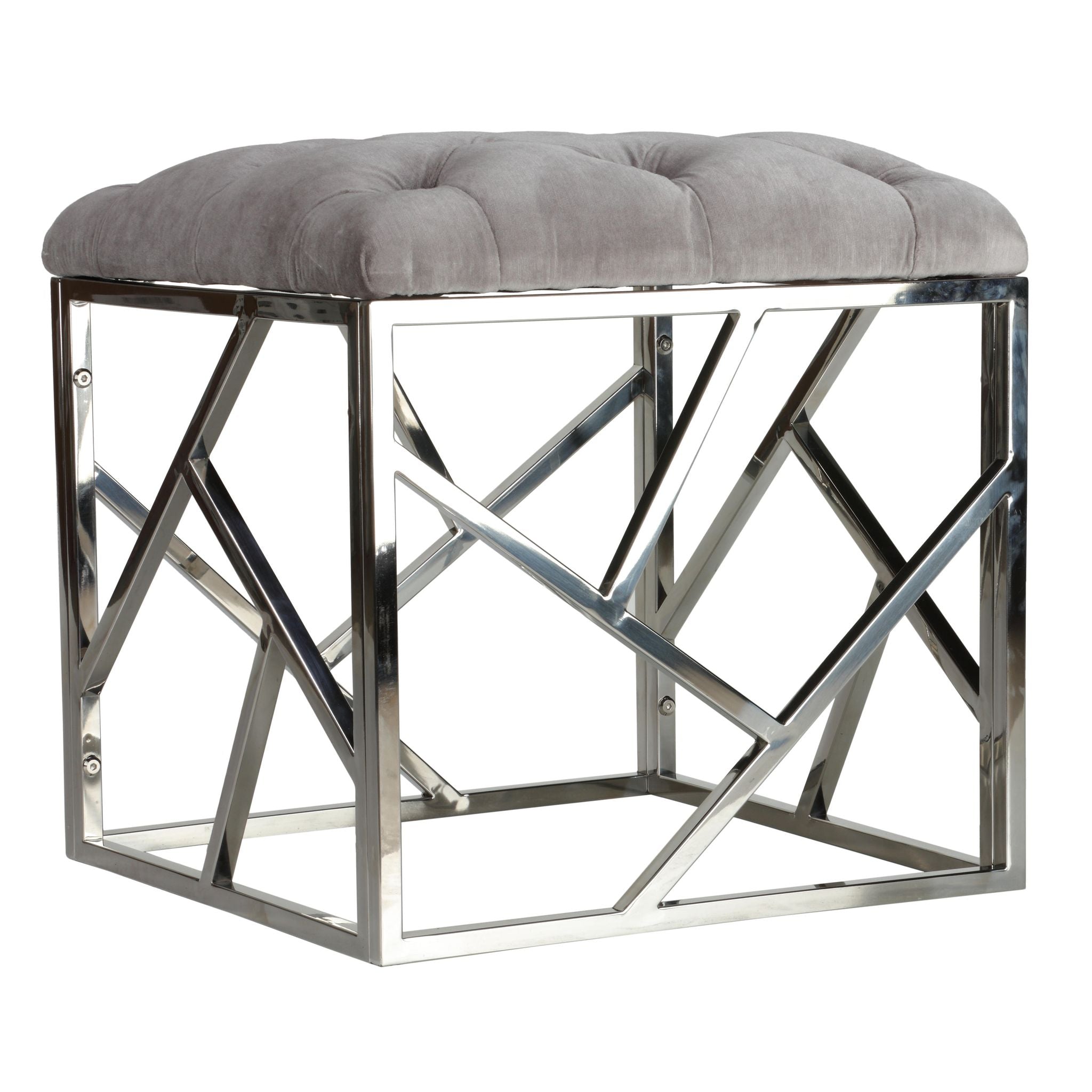 Kora Contemporary Metal Cube Ottoman, Tufted Grey Velvet