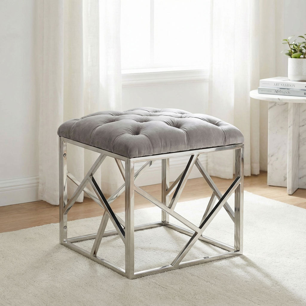 Kora Contemporary Metal Cube Ottoman, Tufted Grey Velvet