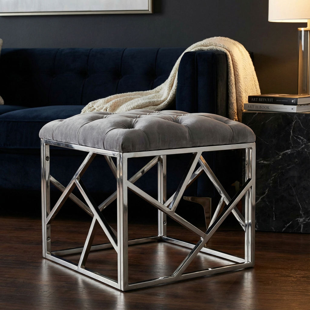 Kora Contemporary Metal Cube Ottoman, Tufted Grey Velvet