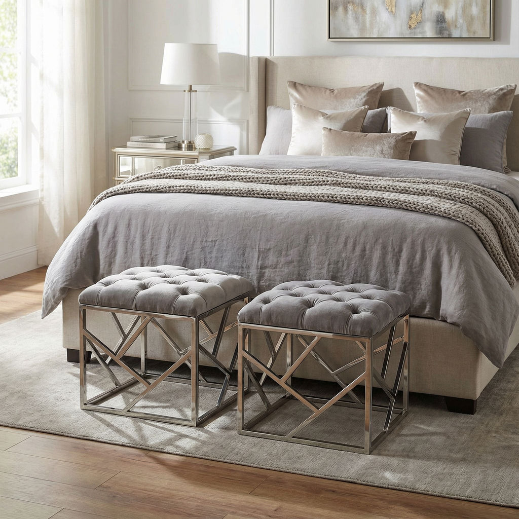 Kora Contemporary Metal Cube Ottoman, Tufted Grey Velvet