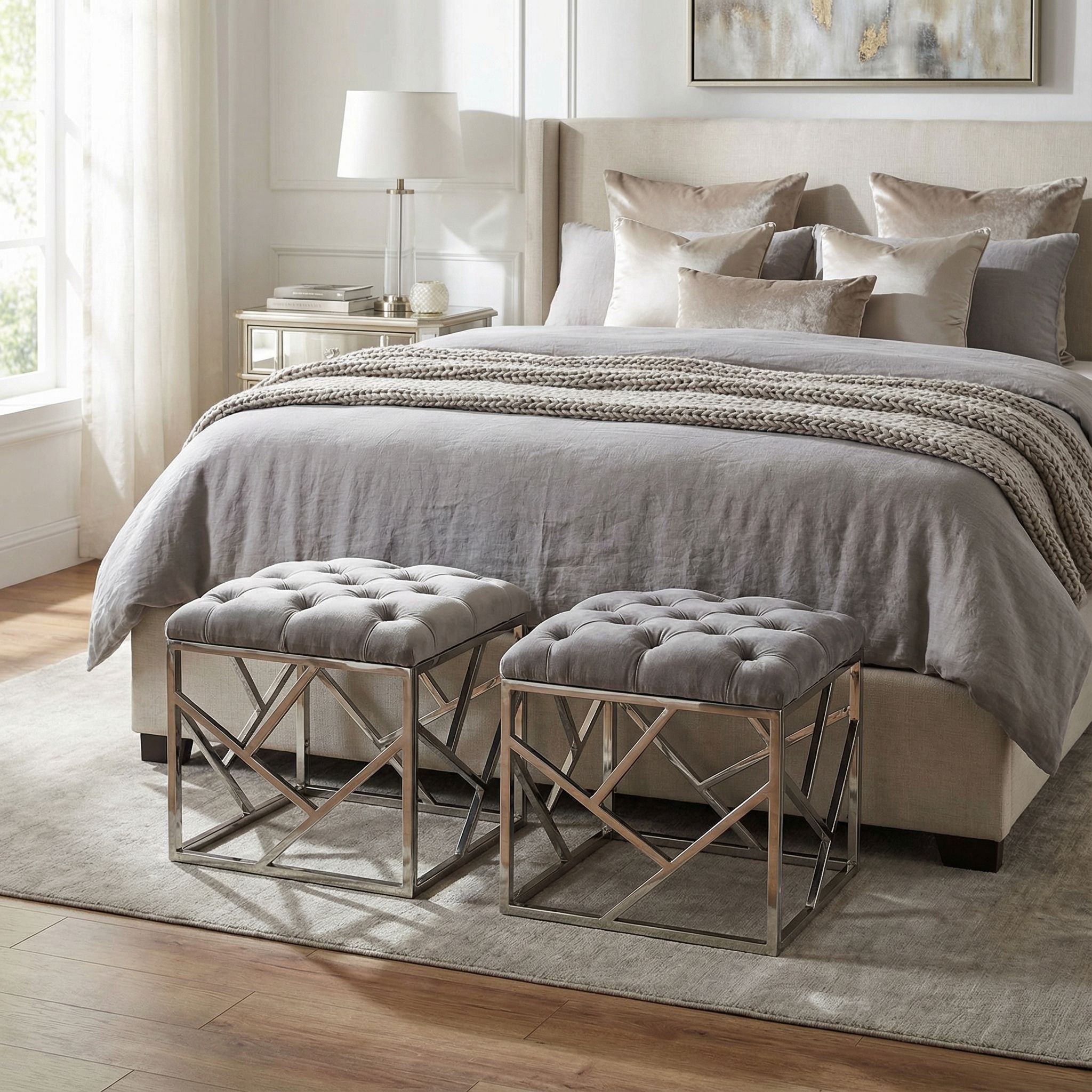 Kora Contemporary Metal Cube Ottoman, Tufted Grey Velvet