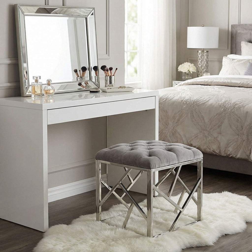 Kora Contemporary Metal Cube Ottoman, Tufted Grey Velvet