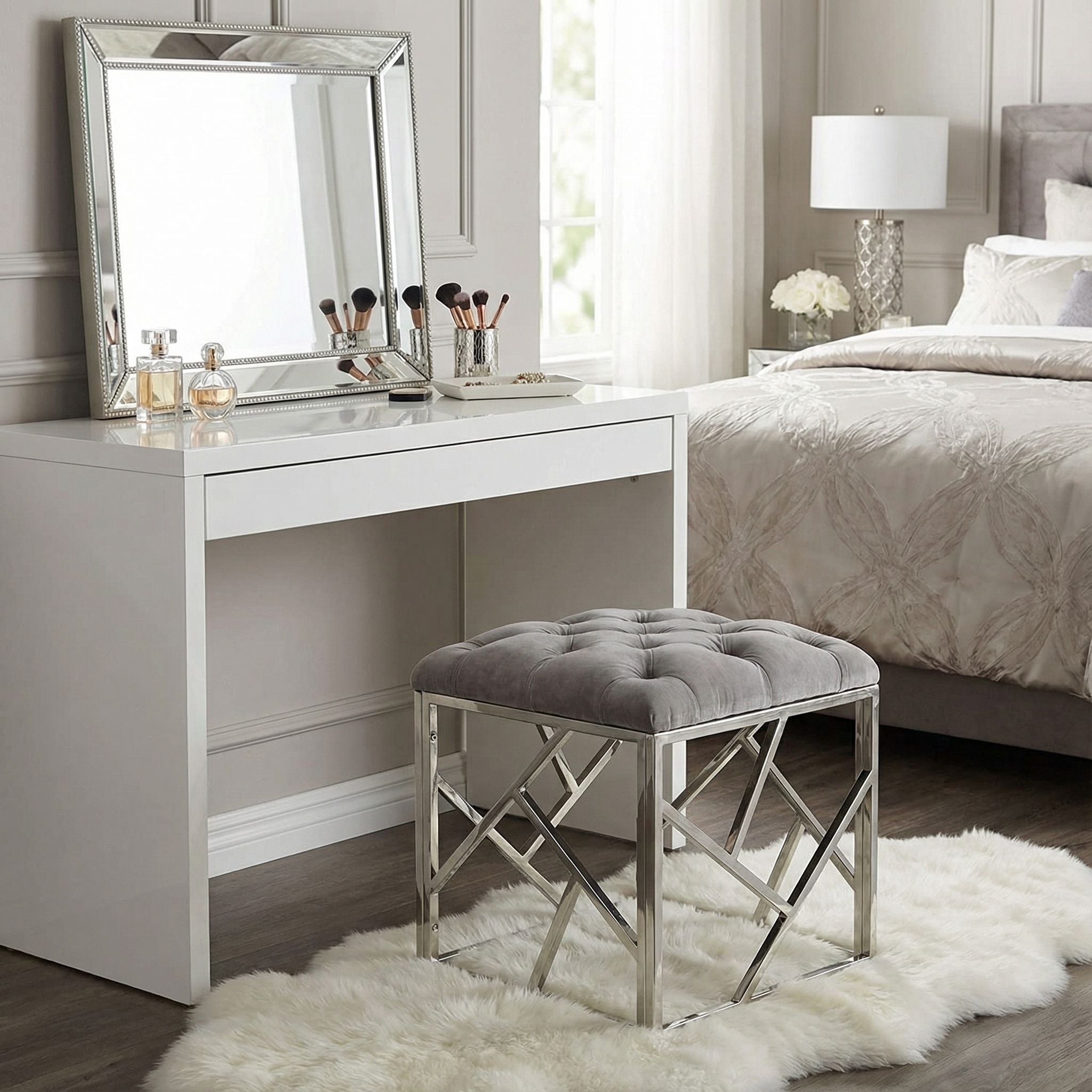Kora Contemporary Metal Cube Ottoman, Tufted Grey Velvet