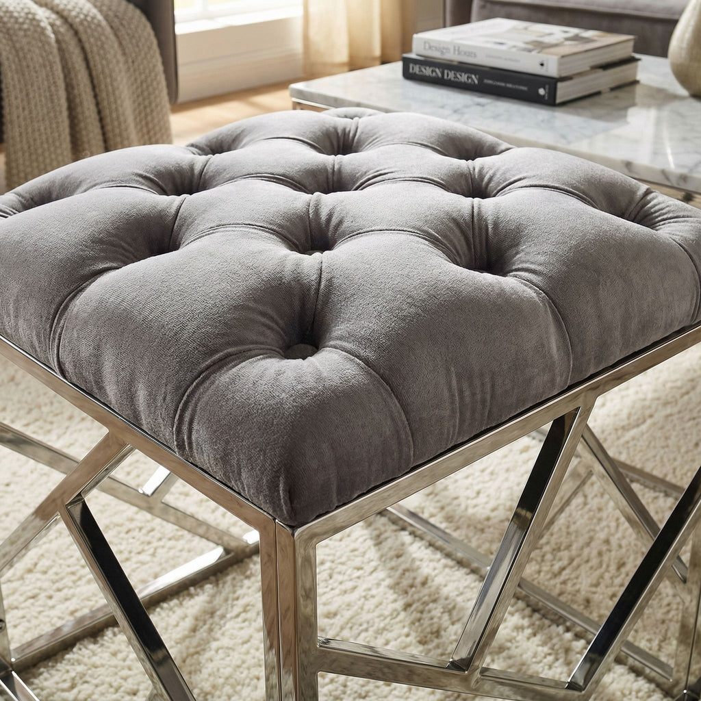 Kora Contemporary Metal Cube Ottoman, Tufted Grey Velvet