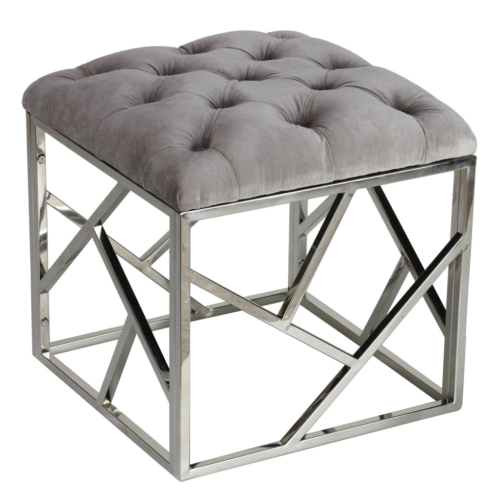 Kora Contemporary Metal Cube Ottoman, Tufted Grey Velvet