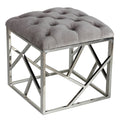 Kora Contemporary Metal Cube Ottoman, Tufted Grey Velvet