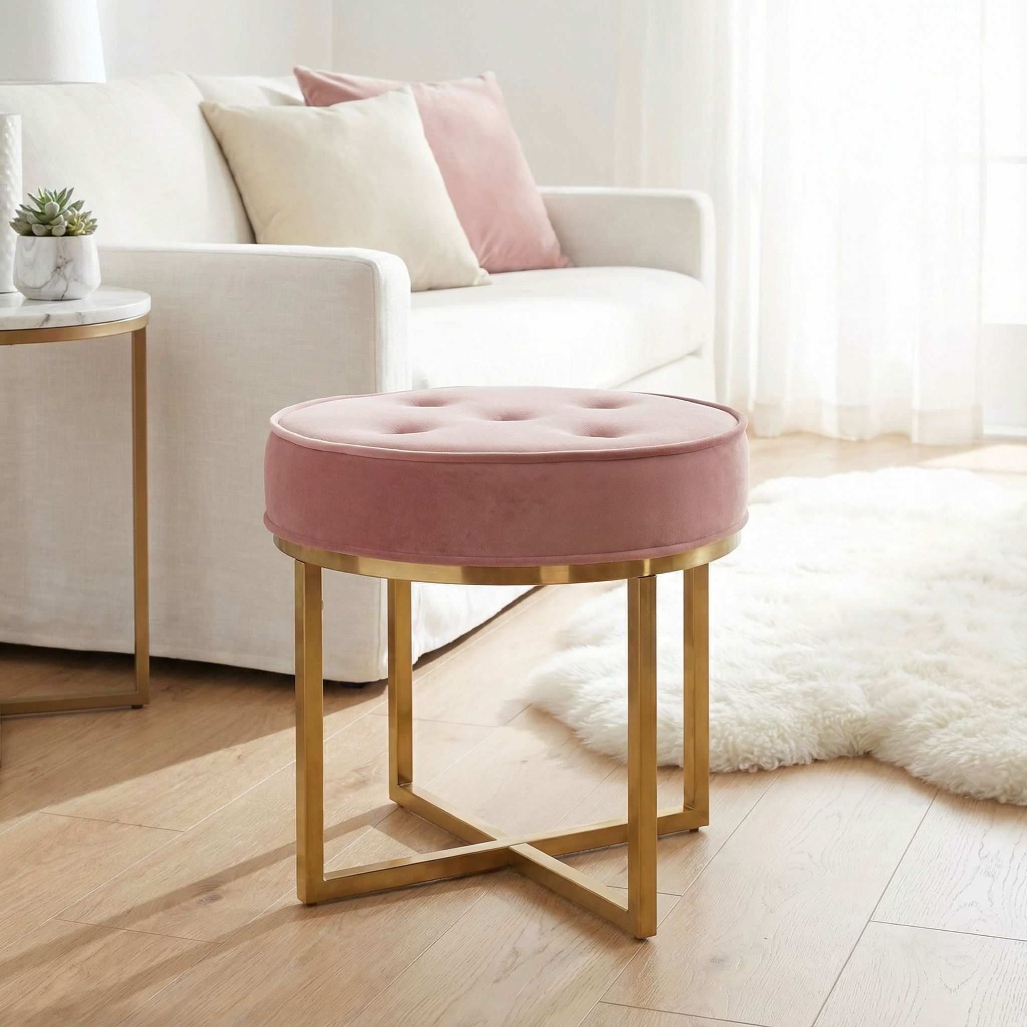 Rosa Round Ottoman, Blush Pink Velvet with Brushed Gold Stainless Steel