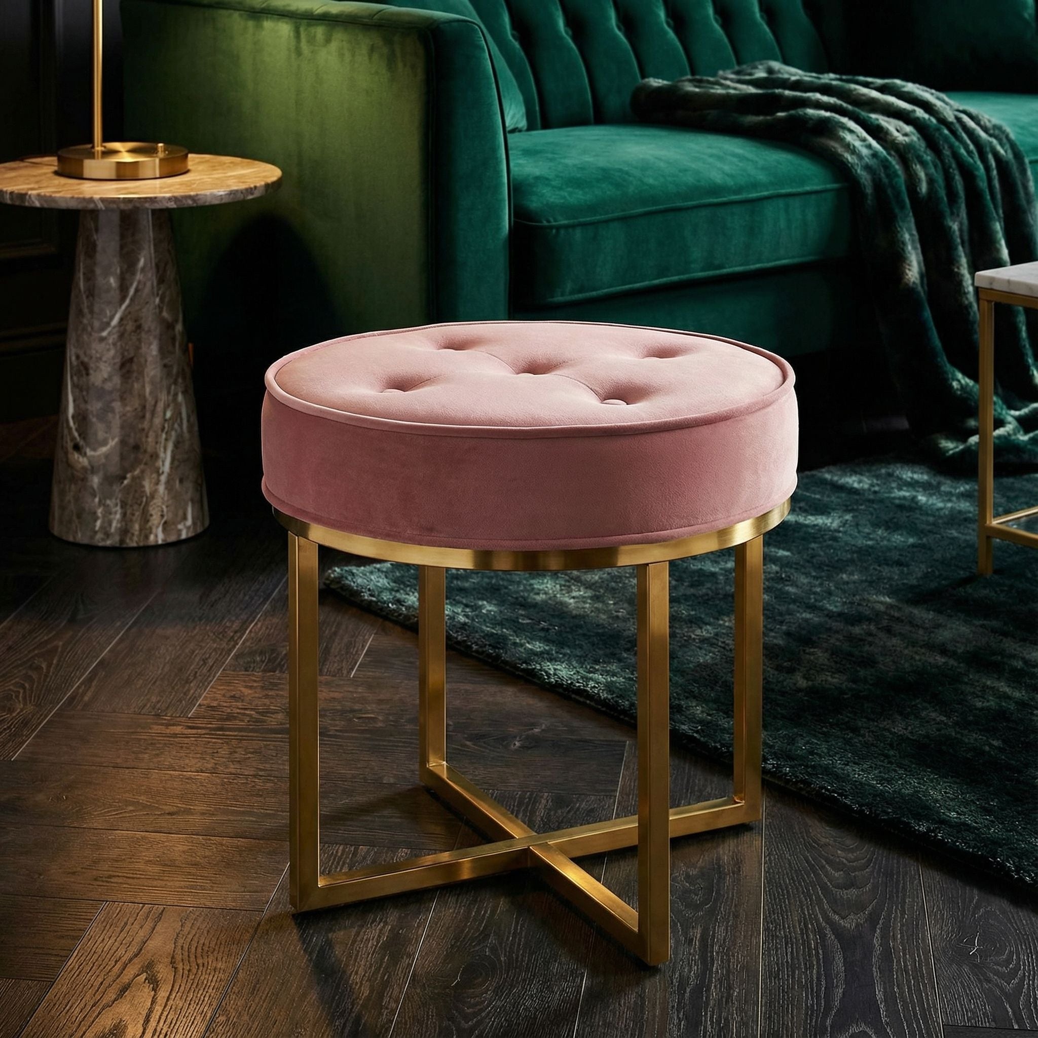 Rosa Round Ottoman, Blush Pink Velvet with Brushed Gold Stainless Steel