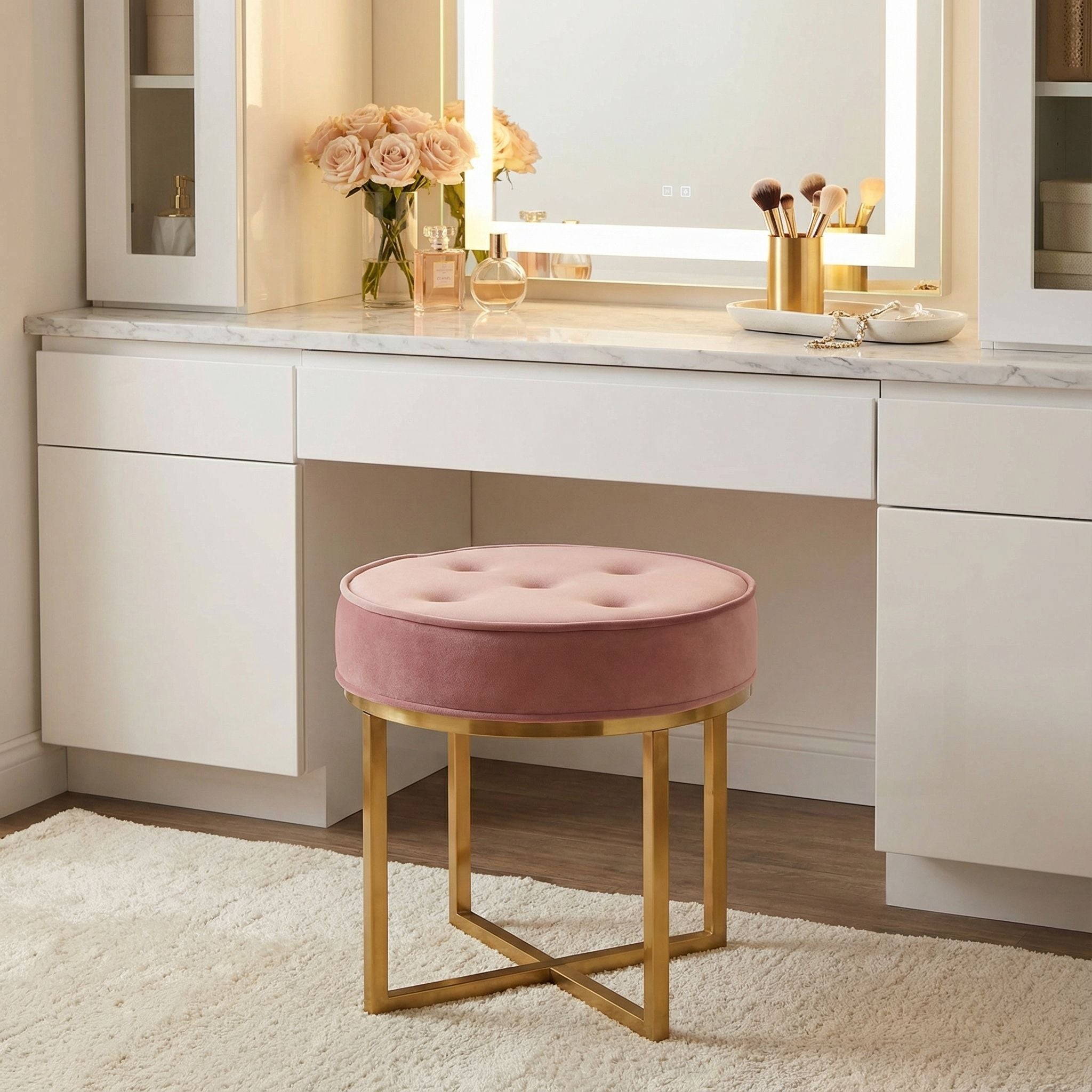 Rosa Round Ottoman, Blush Pink Velvet with Brushed Gold Stainless Steel