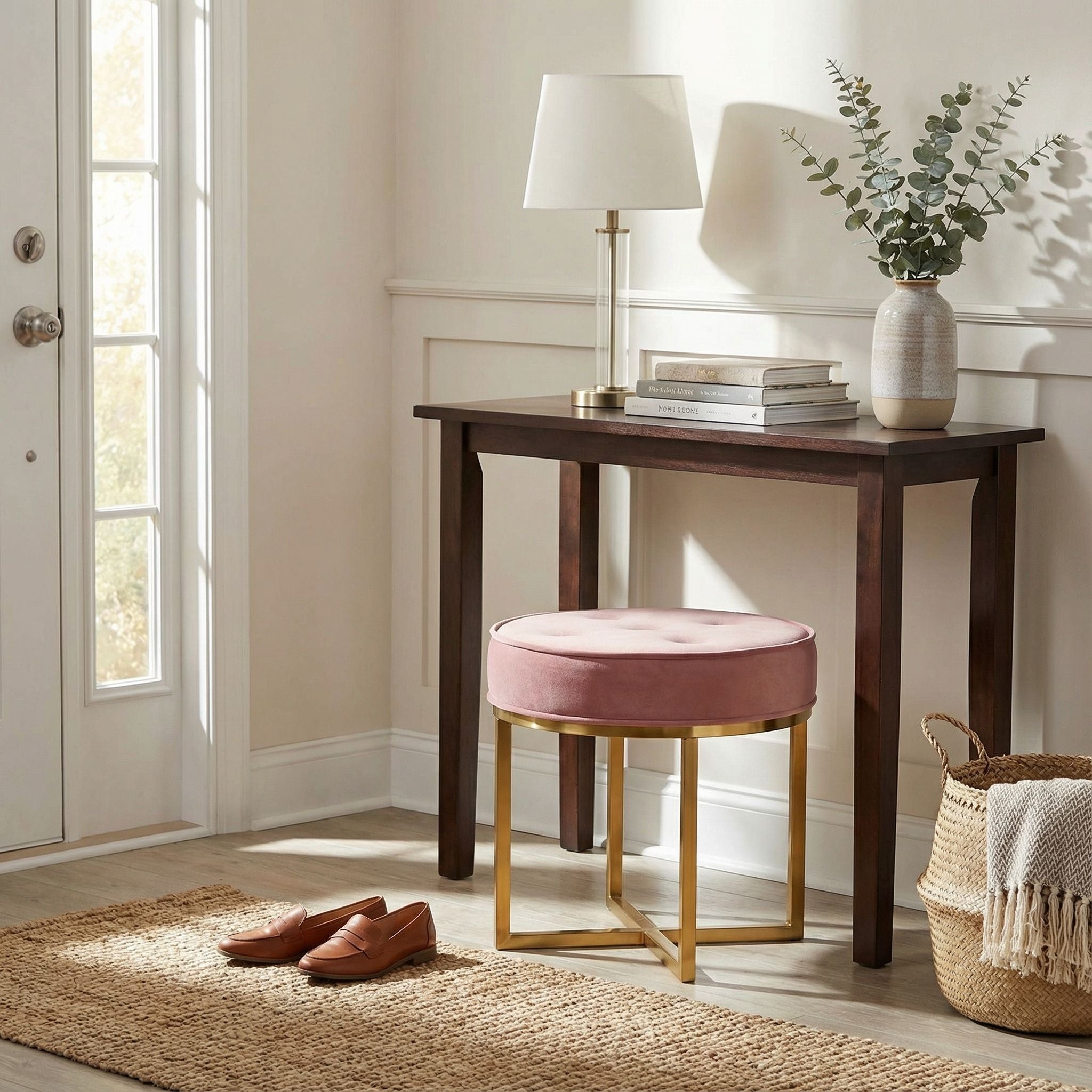 Rosa Round Ottoman, Blush Pink Velvet with Brushed Gold Stainless Steel
